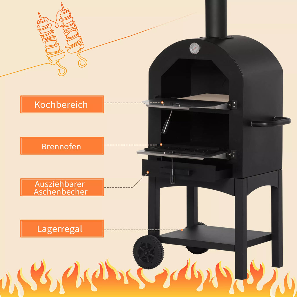 2-in-1 lauko picų krosnelė su ratukais Grilio krosnelė su apsauginiu dangčiu Picų mentė 2 grilio tinklai Grilio vežimėlis su kaminu 3 pakopų medinė krosnelė BBQ plieninė juoda + sidabrinė 63 x 54 x 161 cm