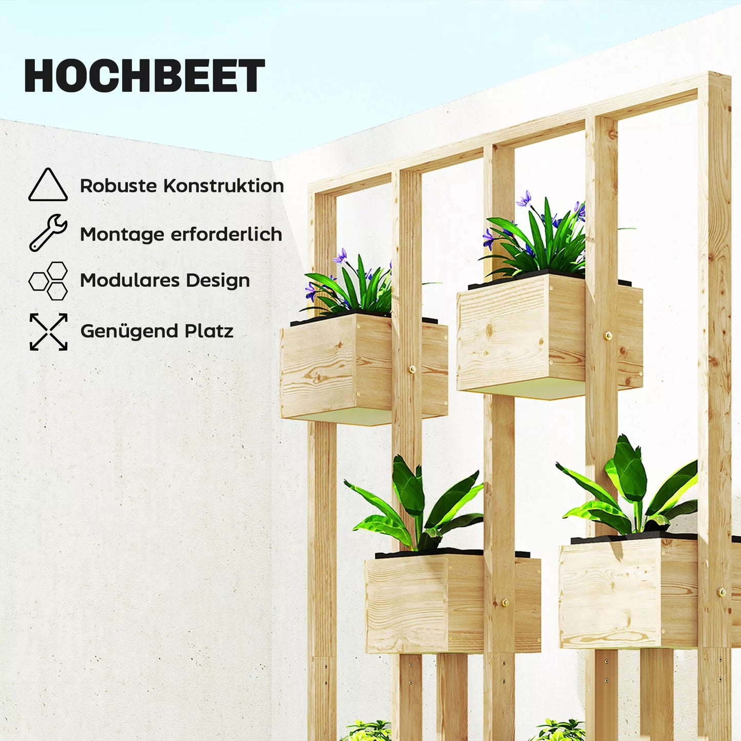 Aukštas gėlių vazonas su grotelėmis, medinis vazonas, gėlių vazonas, 90 x 45 x 170 cm