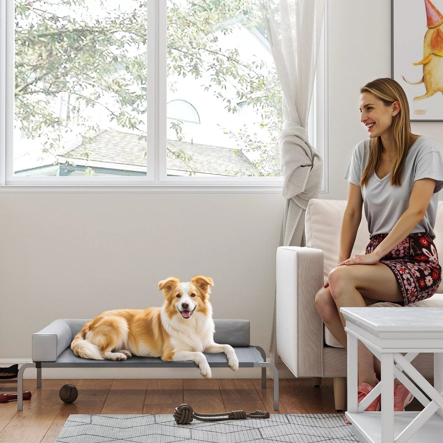 Lauko šunų gultas, paaukštinta šunų lova vidutinio dydžio šunims, su L formos pagalvėle, 110x75x30cm, šviesiai pilka