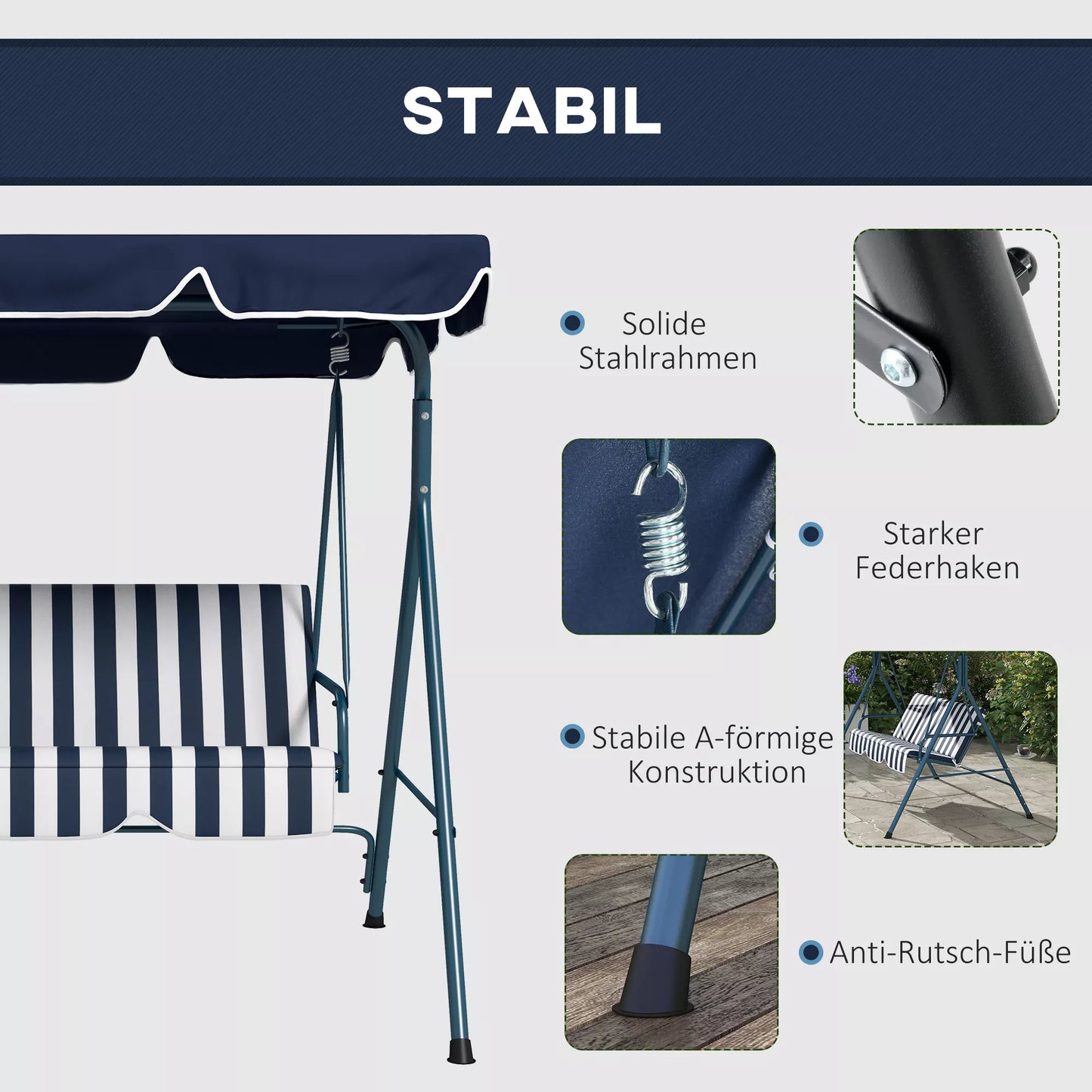 Holivudo sūpynės Sodo sūpynės 3 vietos, atsparios atmosferos poveikiui, reguliuojamas stogas, 172 x 110 x 153, mėlynos spalvos