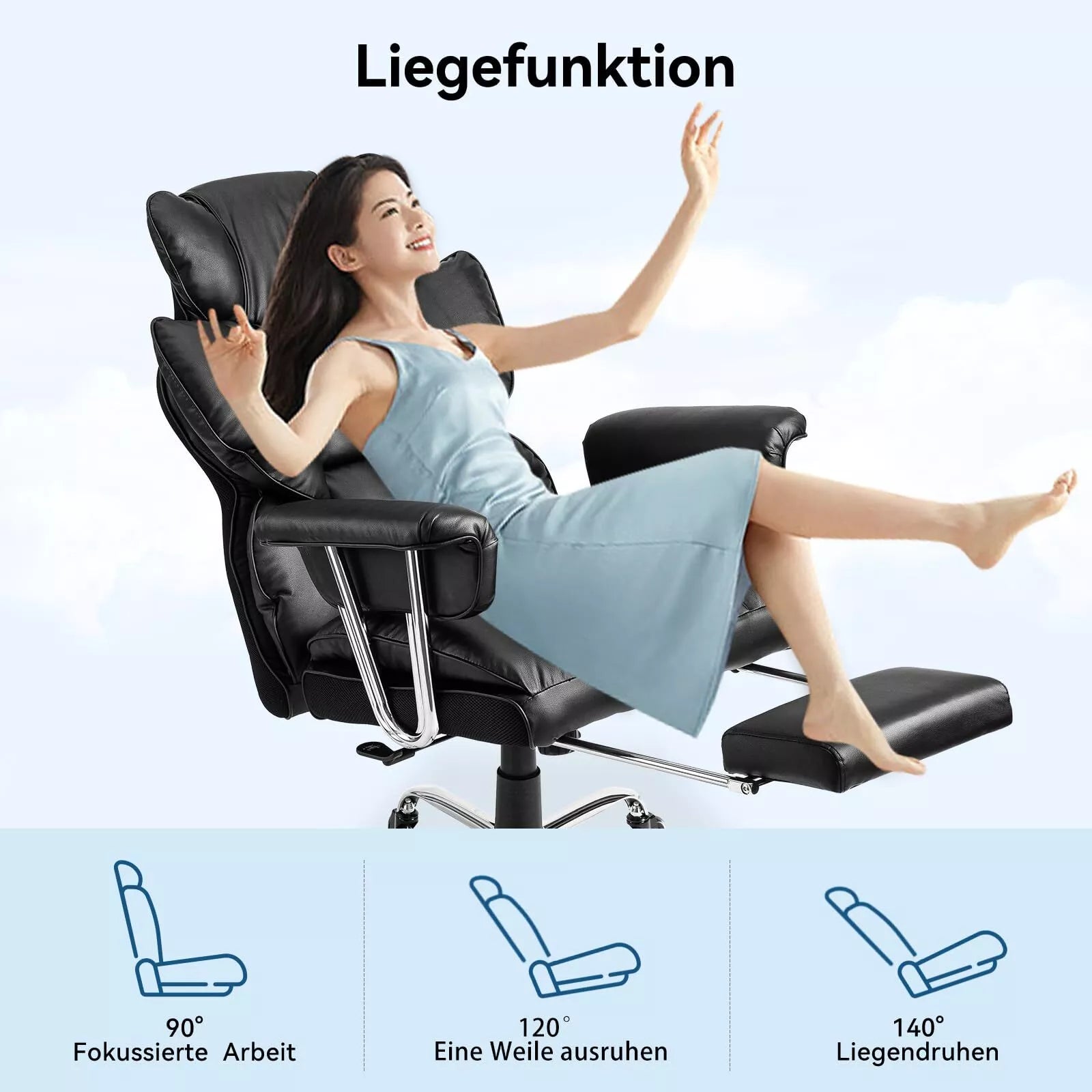 Ergonomiška vadovo biuro kėdė iš PU odos su kojų ir juosmens pagalvėle, juoda