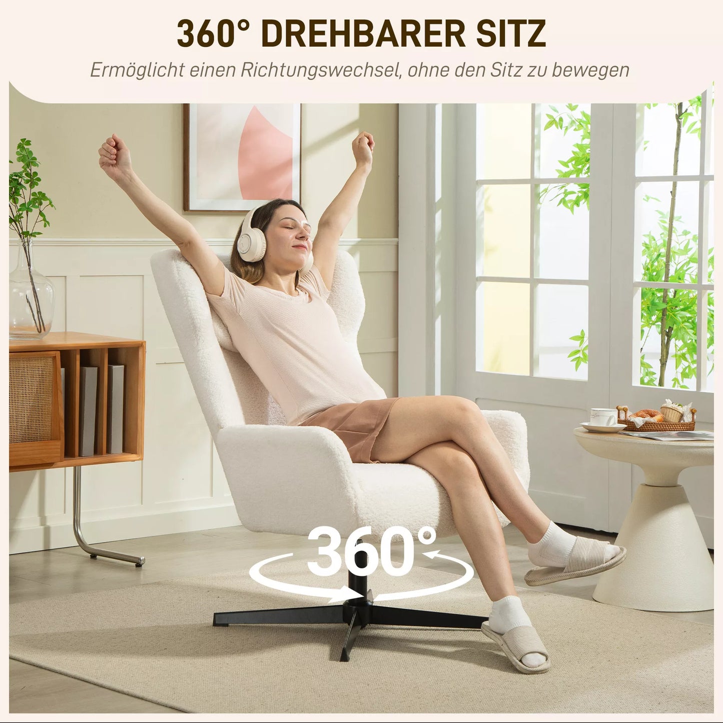 Akcentinis fotelis, minkštas krėslas su fleeciniu apmušalu, besisukantis pagrindas, metalinis rėmas, kremas baltas