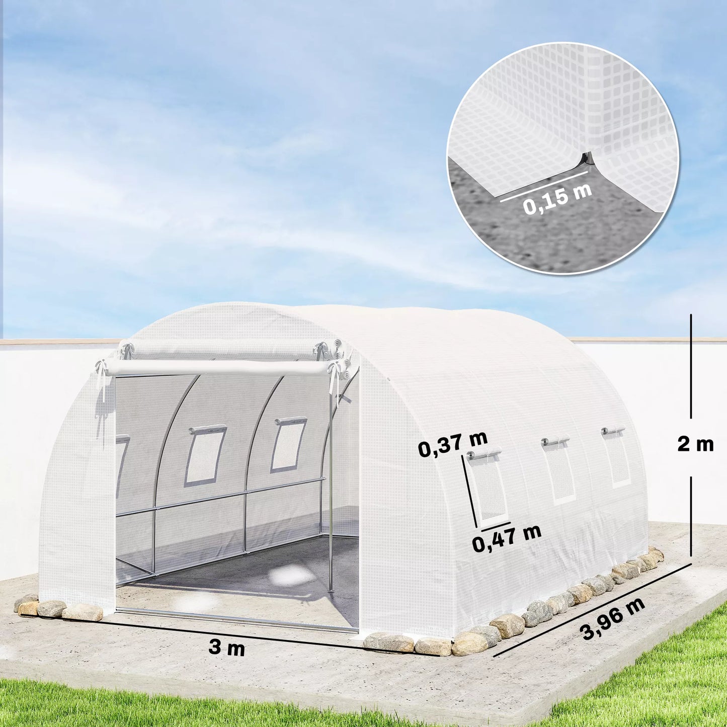 Plėvelės šiltnamis, plastikinis dangtis, tinklinės durys, atramos, baltos spalvos