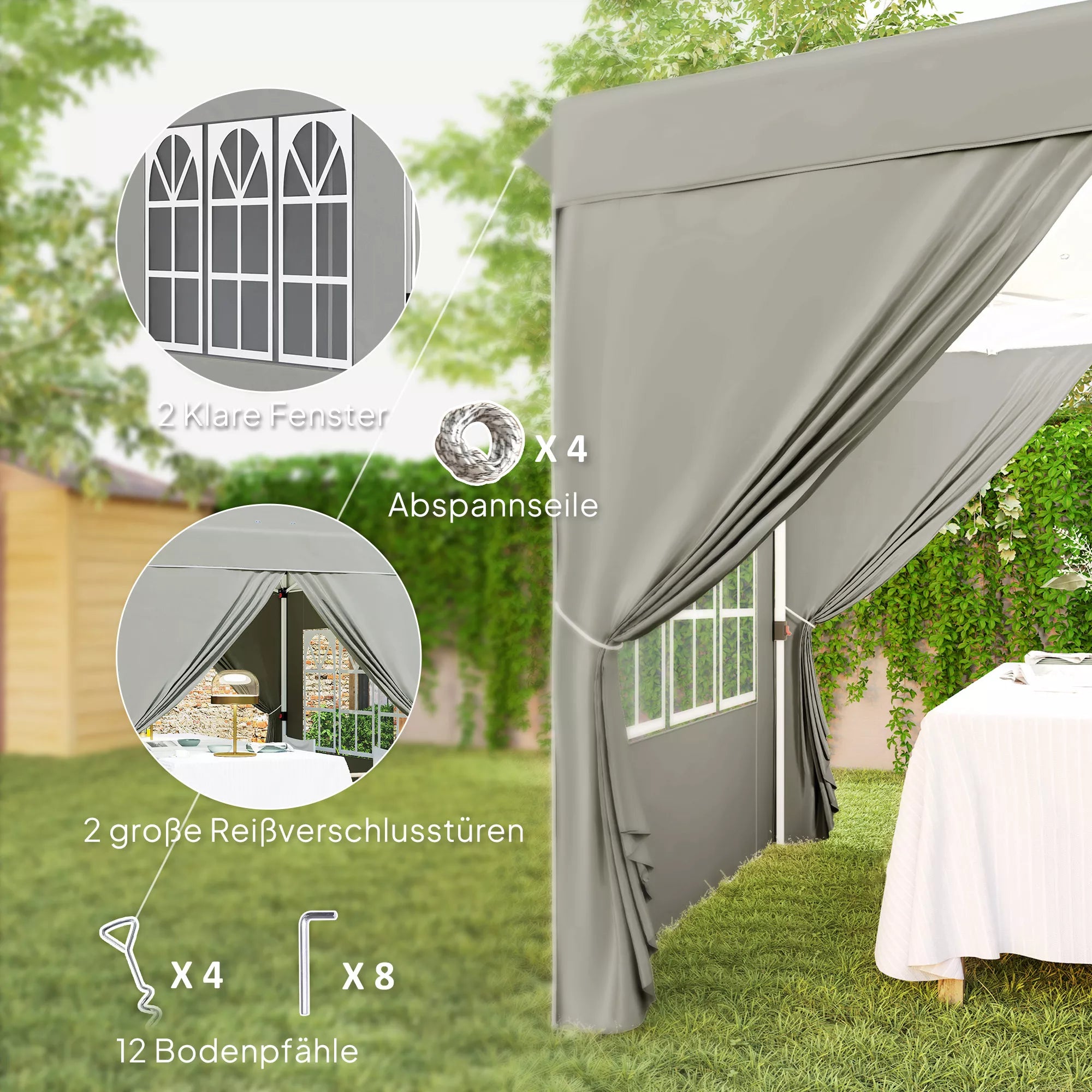 2,5 x 2,5 m Pop-up paviljonas su sienelėmis ir nešiojimo krepšiu, UPF50+ reguliuojamo aukščio sodo palapinė, šviesiai pilkas