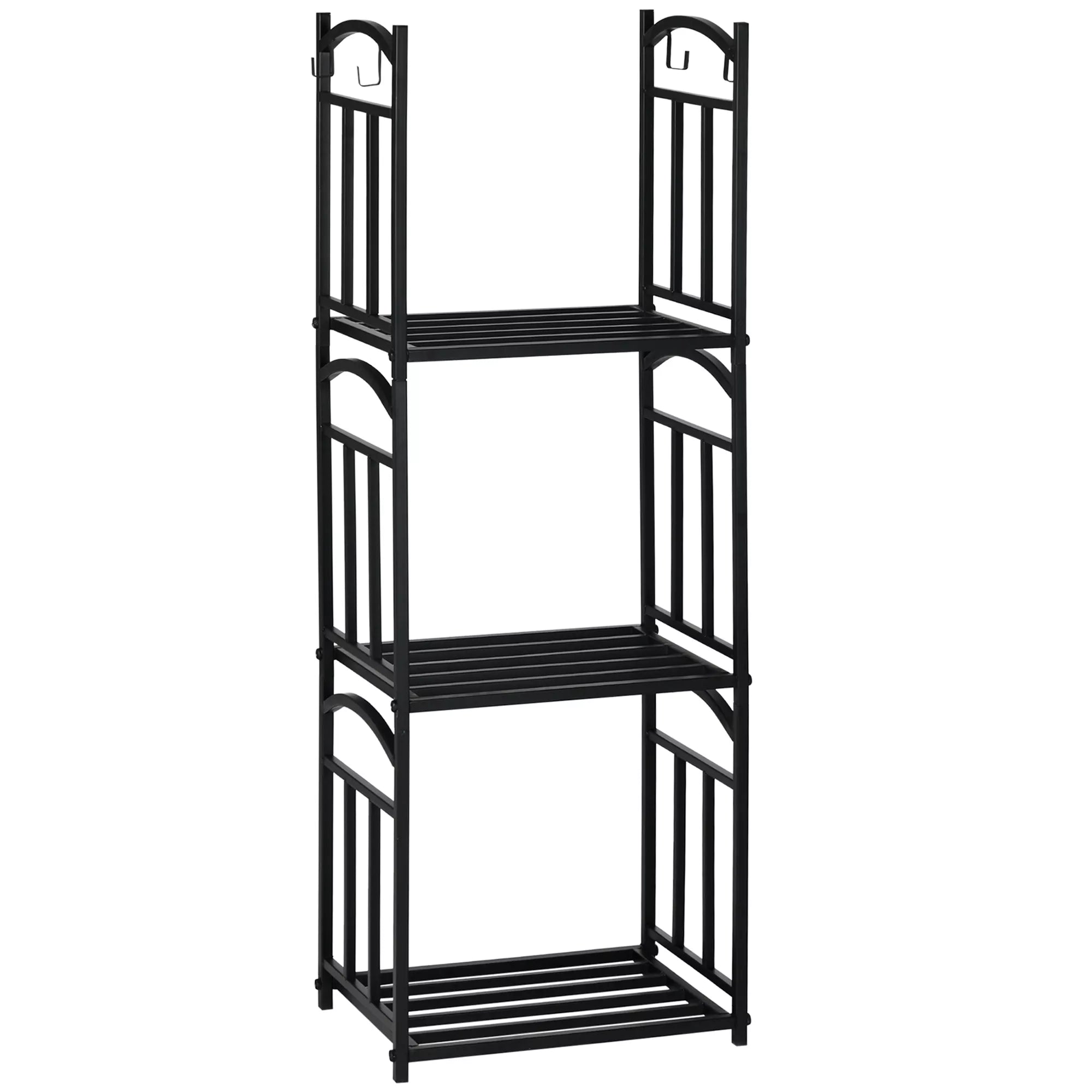 Vidinis malkų stovas 46 x 32 x 126 cm, 3 lygiai, malkų lentyna su 4 kabliukais, metalas, juodas