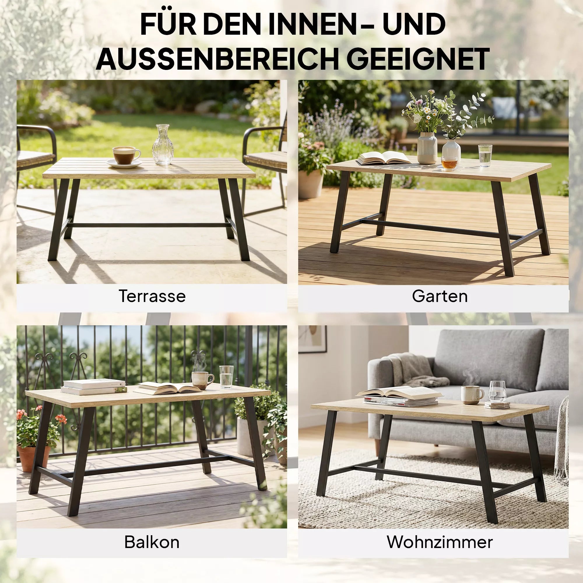 Lauko staliukas, stačiakampis metalinis staliukas su medžio imitacijos stalviršiu, 100 x 55 cm, rudas