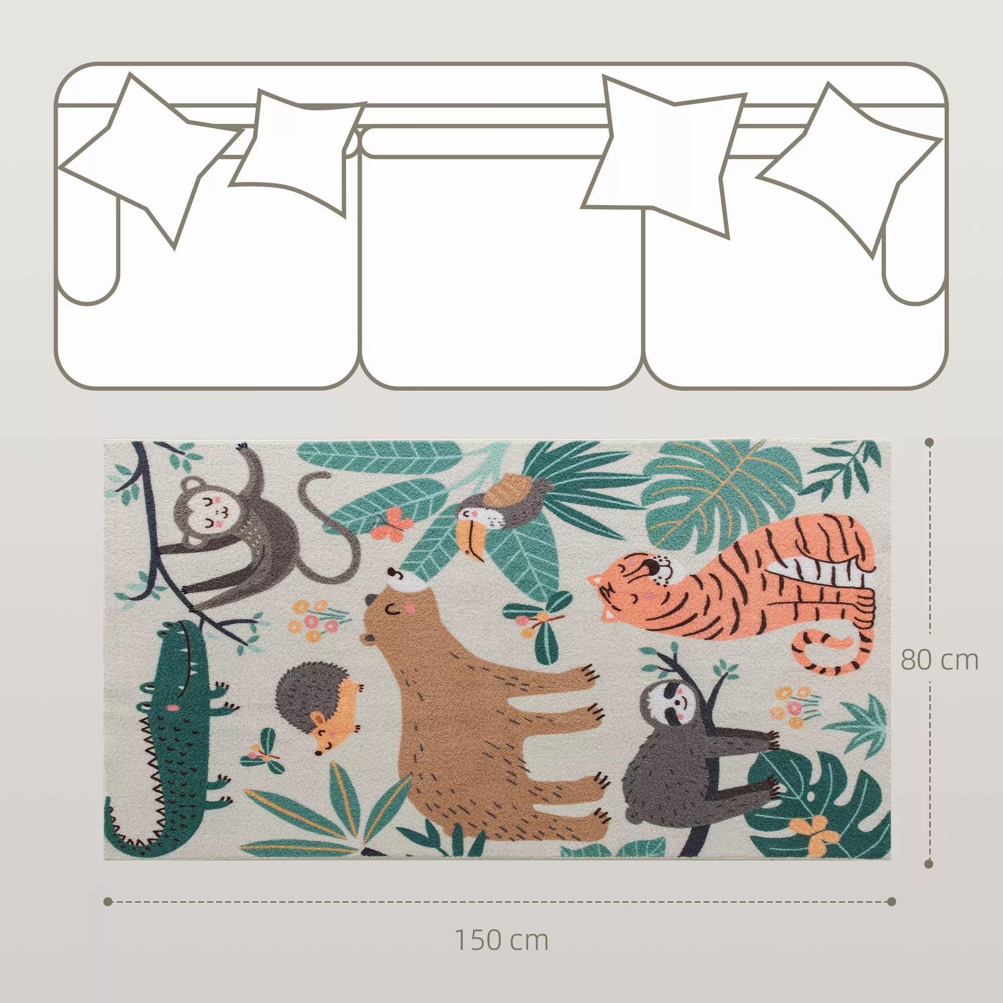 Fleece kilimas su džiunglių raštu, lengvai prižiūrimas, kreminės baltos spalvos + spalvotas