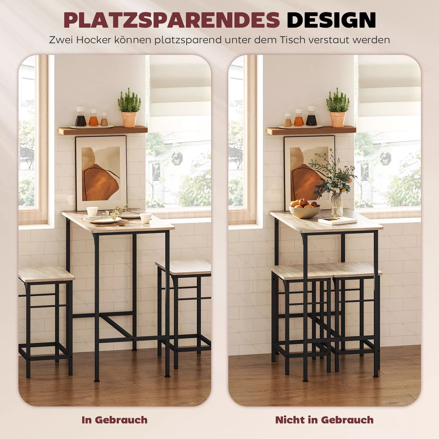 Baro stalo komplektas su 2 baro/valgomojo kėdėmis, su neslystančiais padukais, natūralios medienos