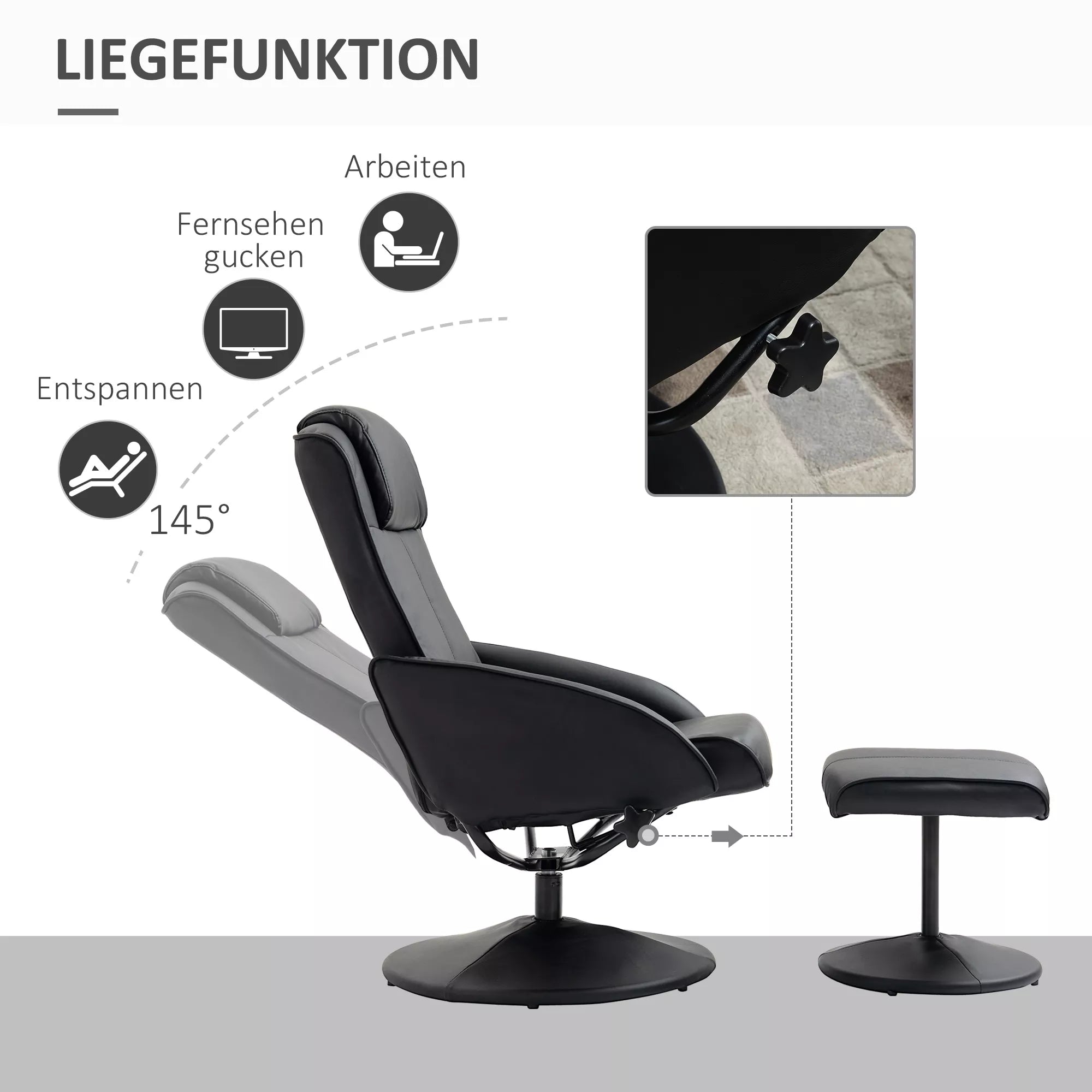 Atpalaiduojantis fotelis su pufu, dirbtinės odos apmušalas, reguliuojamas, ergonomiškas dizainas, juodos spalvos