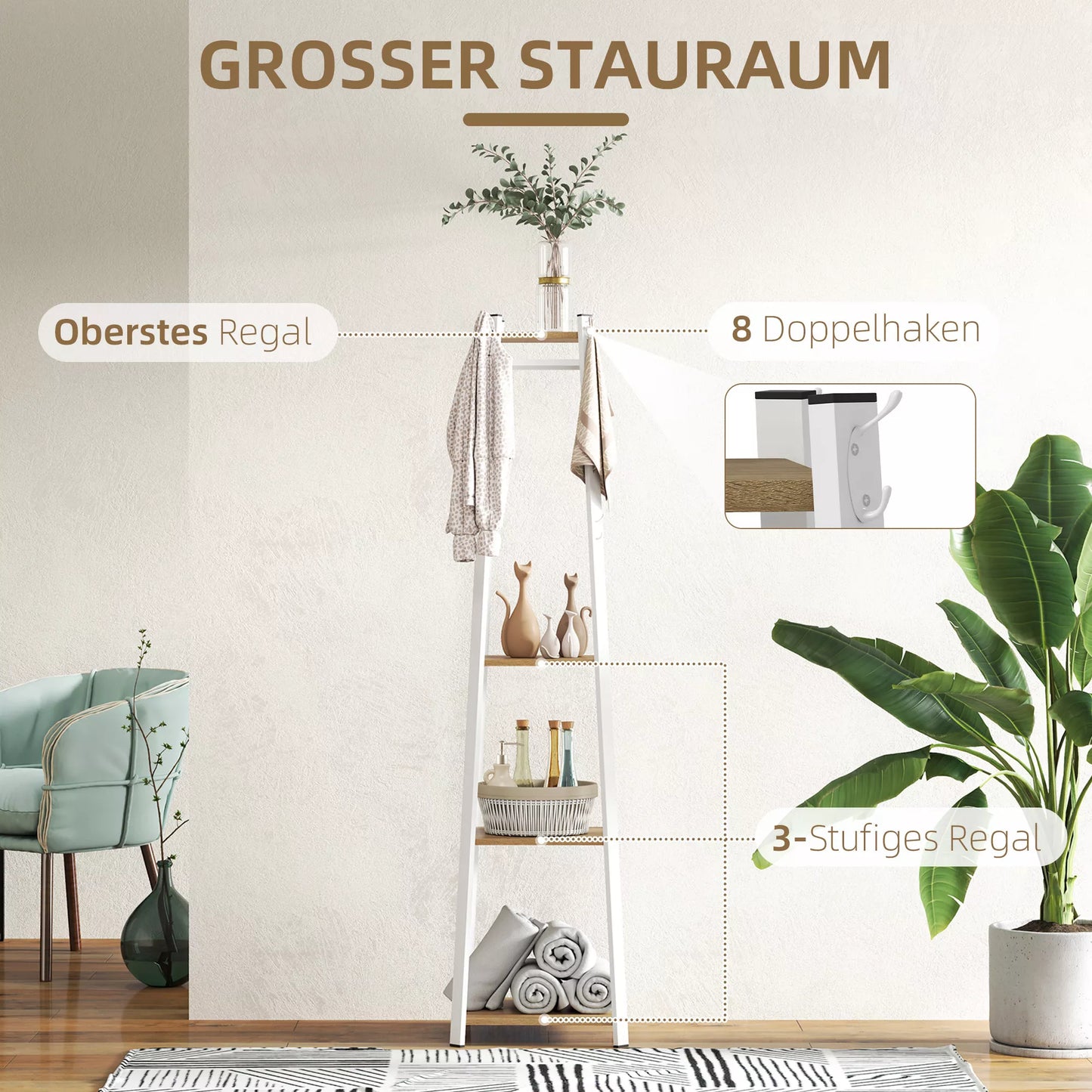 Drabužių kabykla, trapecijos dizainas, trijų pakopų, 8 dvigubi kabliukai, plienas, balta + ąžuolas