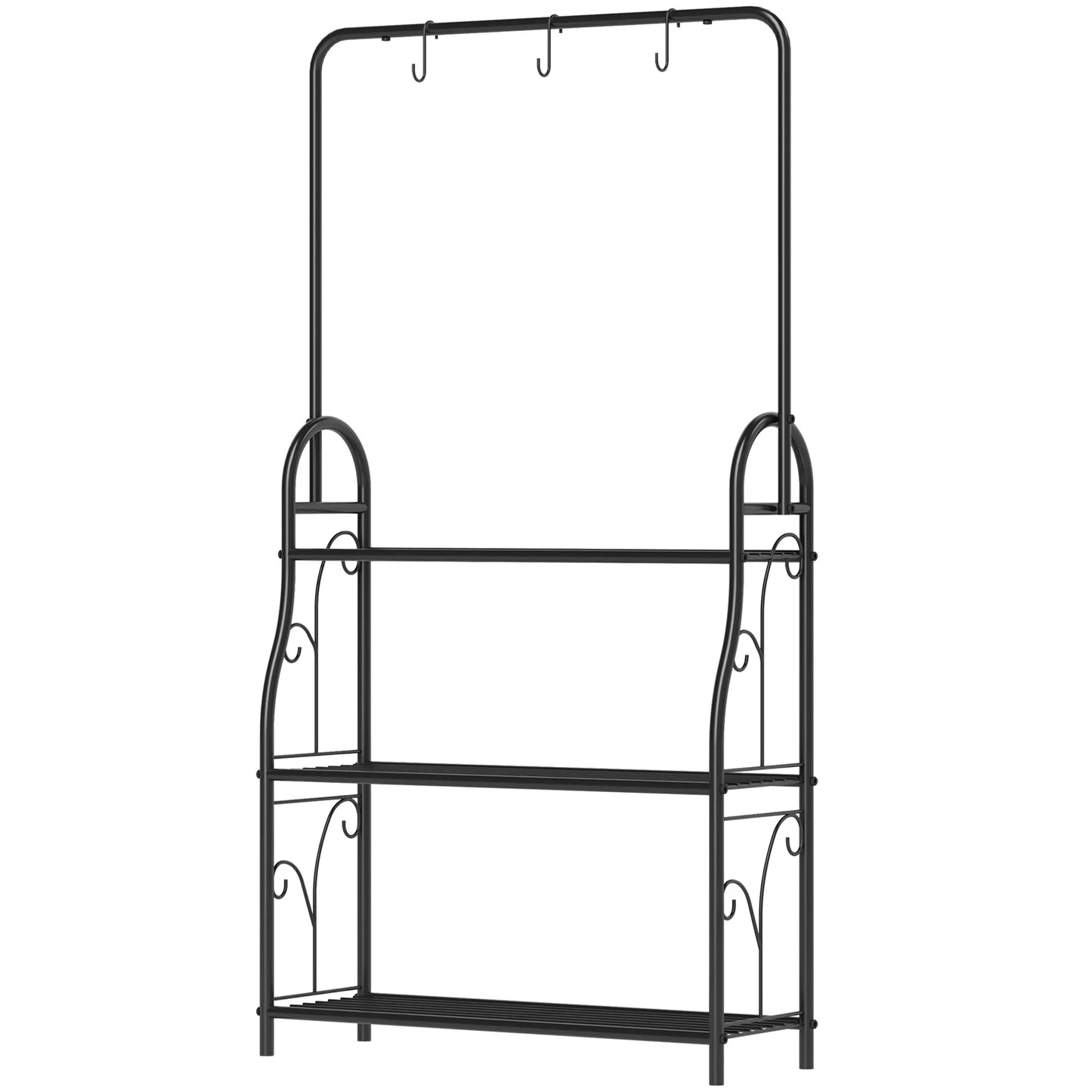 Gėlių lentyna, 3 pakopų augalų lentyna su pakabinimo kabliukais, metalinė lentyna gėlių vazonams, tinkama naudoti viduje ir lauke, juoda.