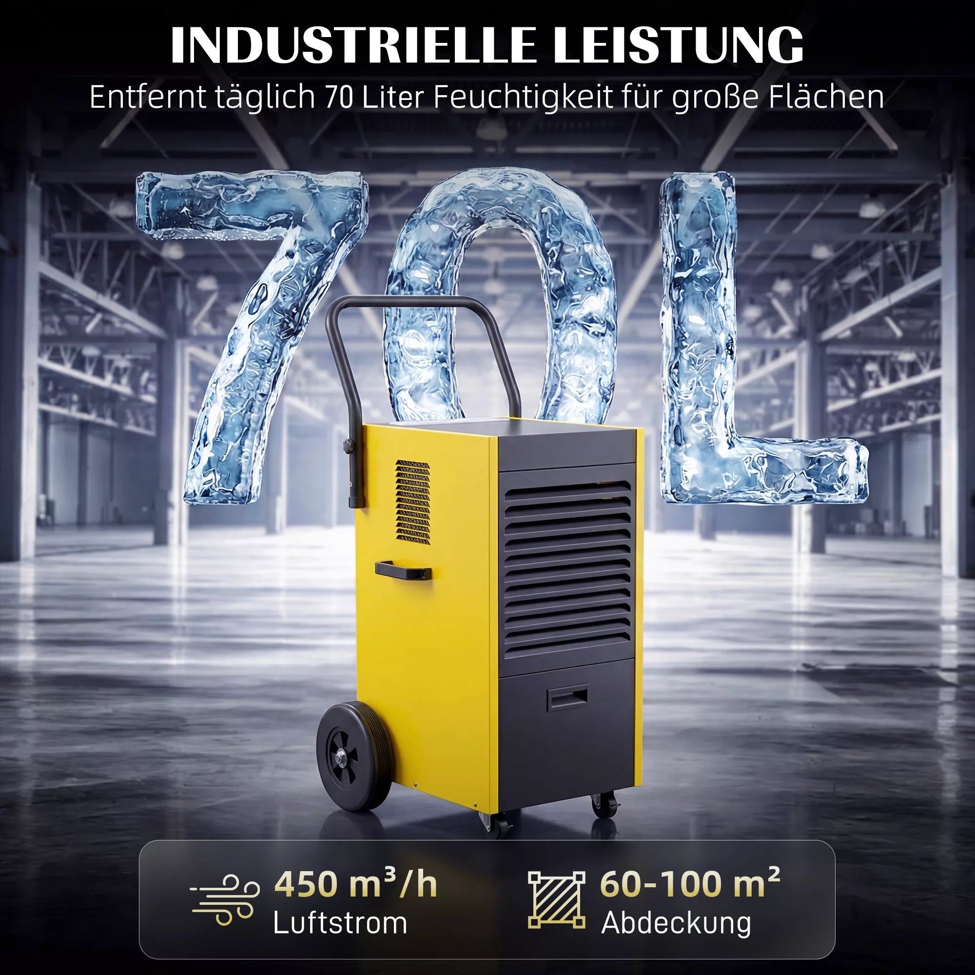 Profesionalus oro sausintuvas, 70 l/parą, su ratukais ir rankena, nuolatinio išleidimo žarna, 24 valandų laikmatis, 5,5 l talpos bakas, geltonos spalvos