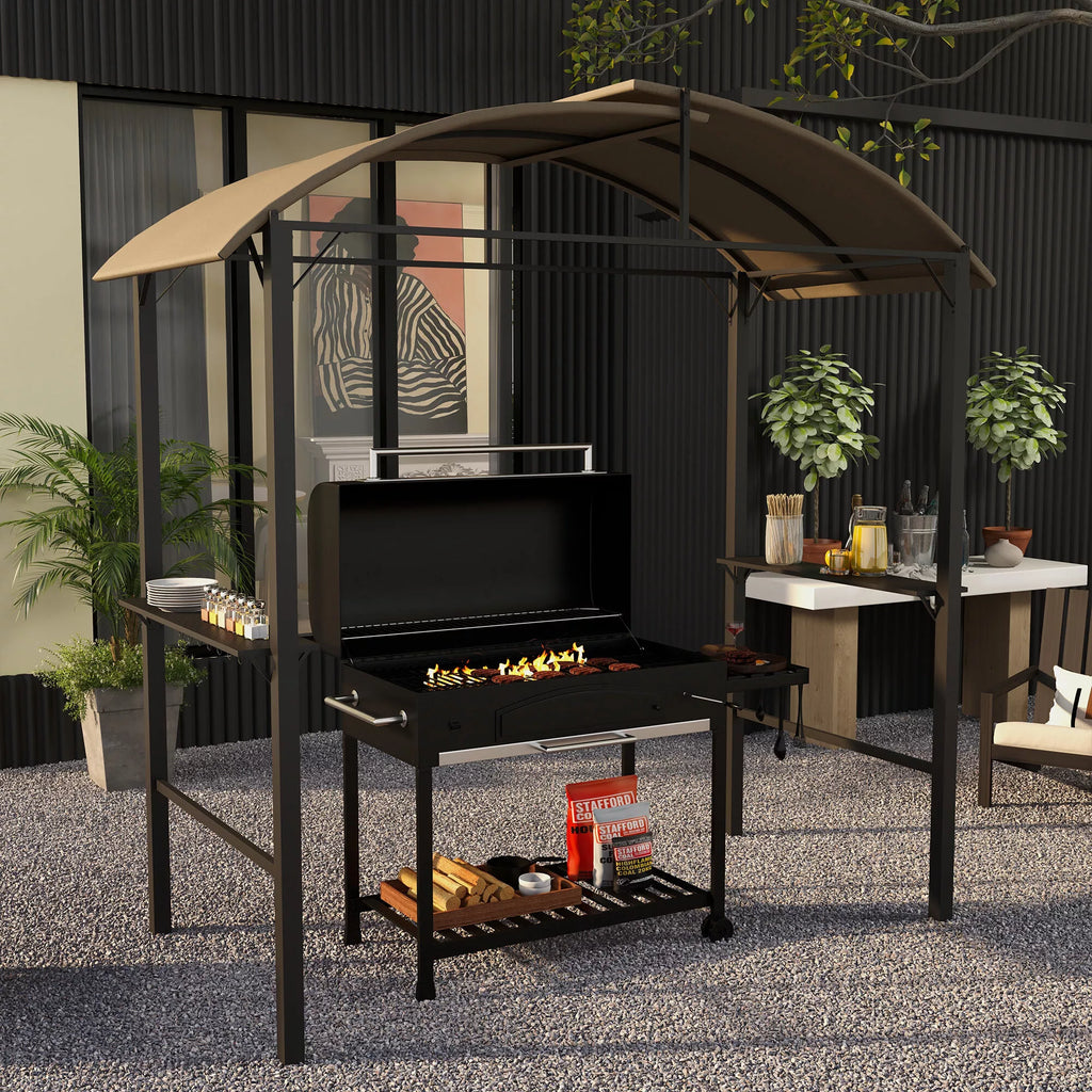 Grill paviljonas, 2 šoninės lentynos, kabliai, plieninis rėmas, 1,1 x 2,3 m, chaki spalvos