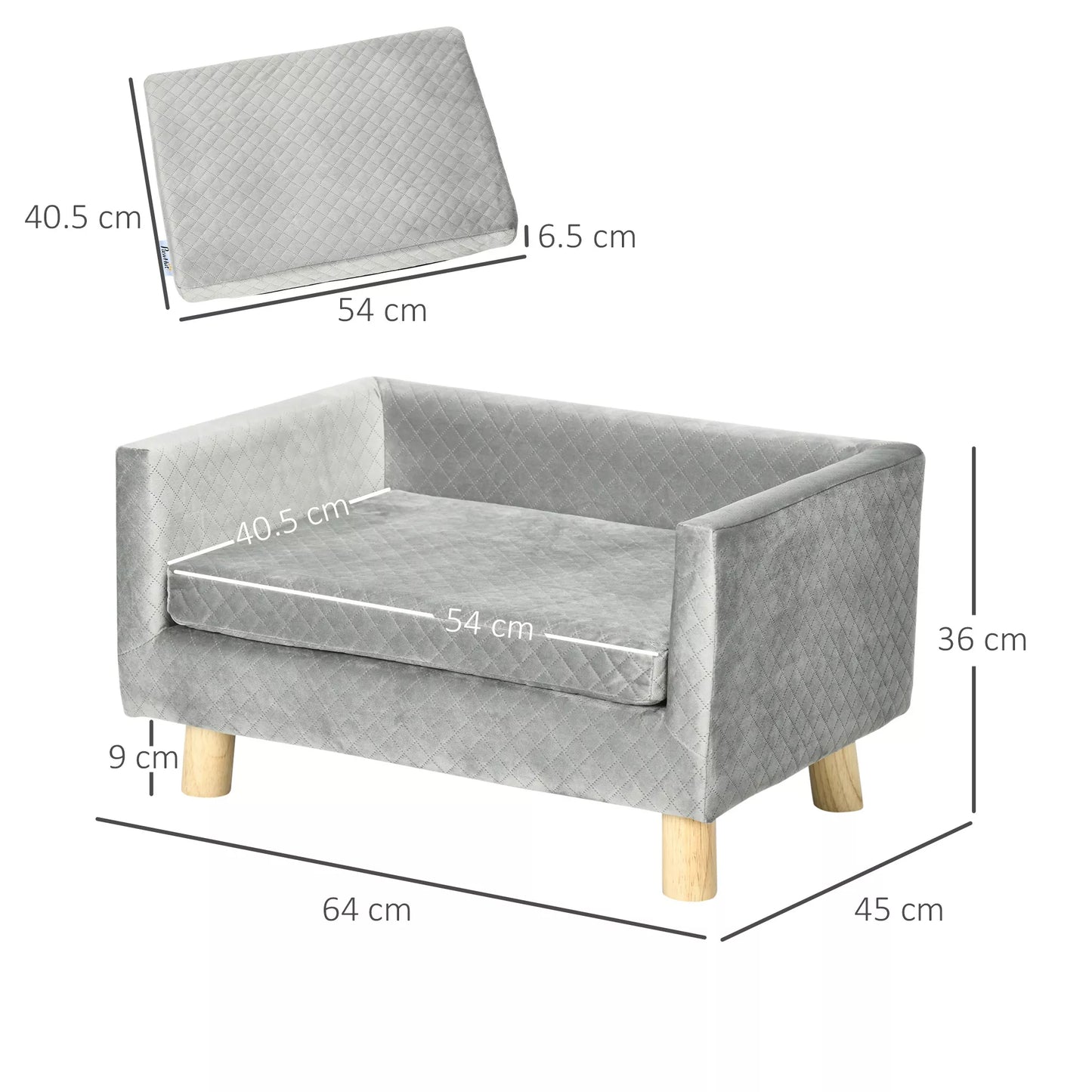 Šunų sofa su medinėmis kojelėmis, šunų lova, naminių gyvūnėlių sofa, šunų kilimėlis mažam šuniui iki 8 kg, aksominio lietimo, pilka, 64 x 45 x 36 cm