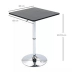 Baro stalo matmenų schema: stalviršis 60 cm, aukštis 69–93 cm, pagrindas 45 cm