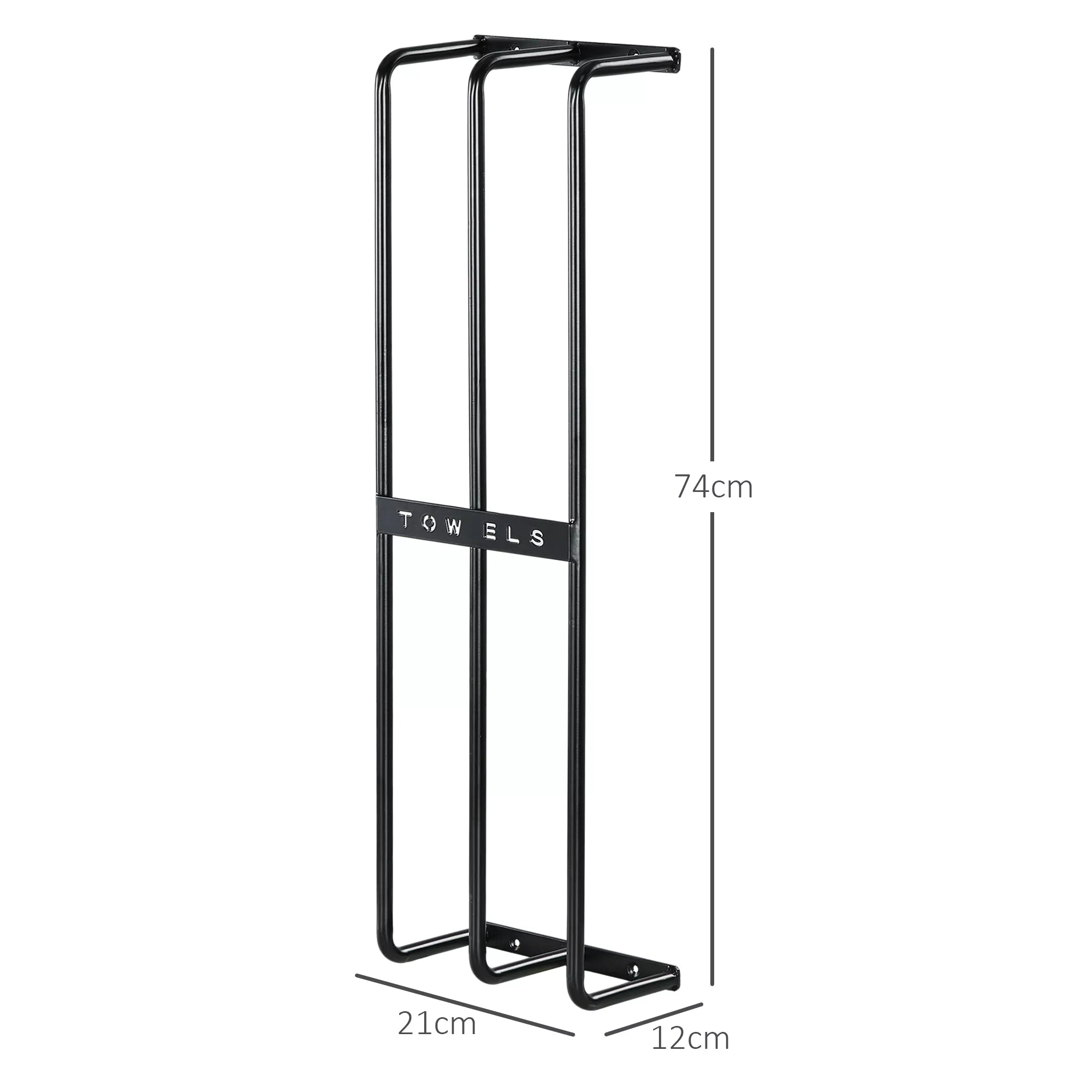 Rankščių laikiklis, sieninis laikiklis 6 dideliems rankšluosčiams, Metalo, 21x12x74cm, Juodas