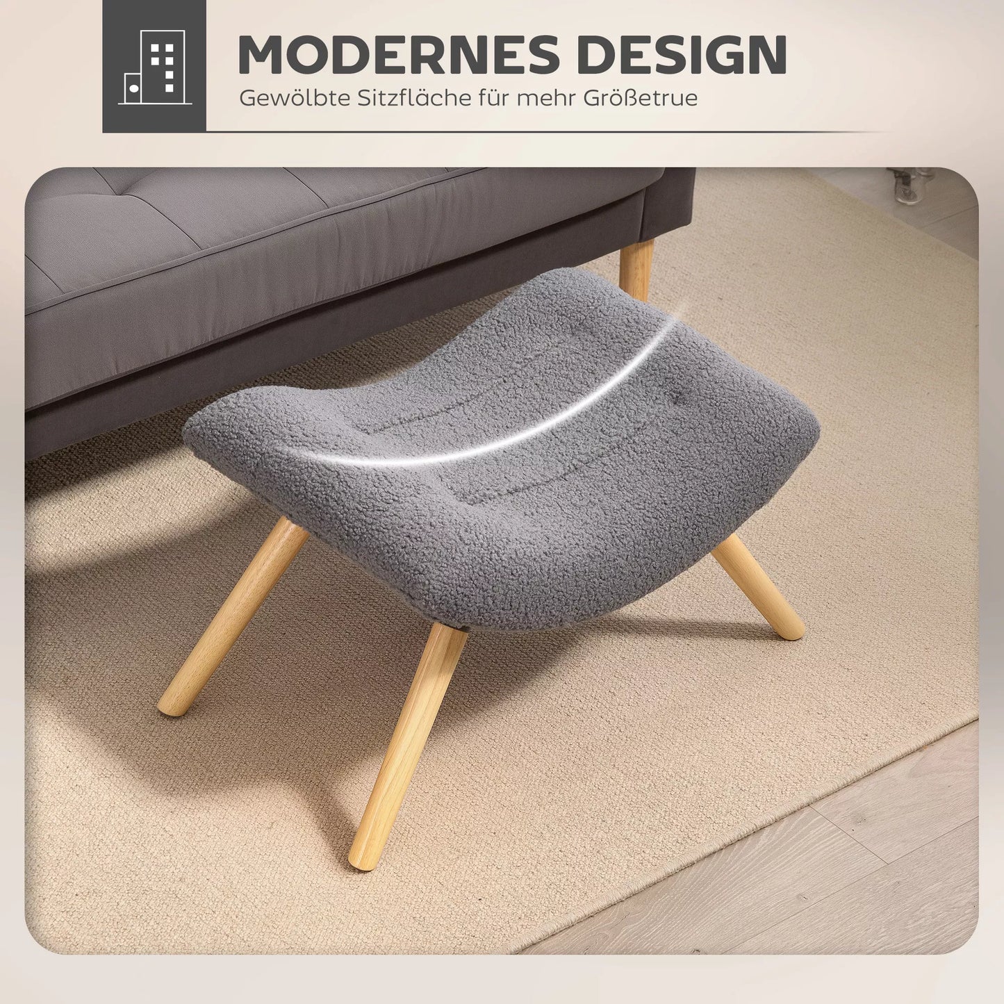 Modernus pufas su fliso apmušalu ir medinėmis kojomis, paminkštintas, skirtas svetainei, miegamajam, prieškambariui, tamsiai pilkos spalvos.