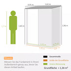 Įrankių namelio matmenų schema su 1,34 m² vidiniu plotu