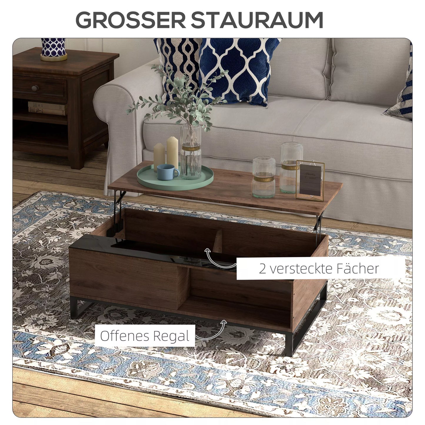 Pagalbinis staliukas su pakėlimo funkcija, paslėpta daiktadėžė, riešuto medienos imitacija, plieninis rėmas, 102 x 58 x 35,5 cm