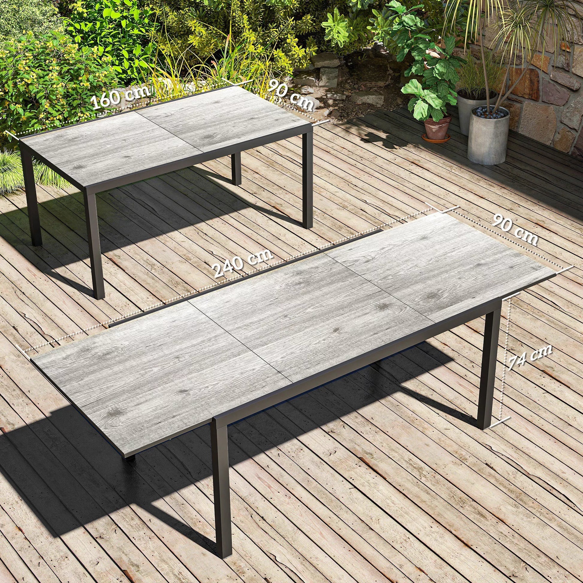 Ištraukiamas valgomojo stalas 6–8 asmenims, reguliuojamas lauko stalas iš aliuminio, plieno, plastiko, medžio imitacijos, pilkos spalvos