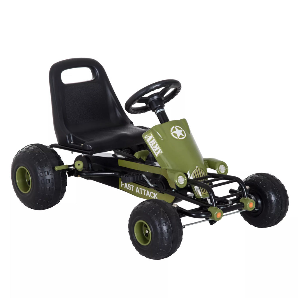 Žalias vaikų pedalinis go-kart automobilis su vairu