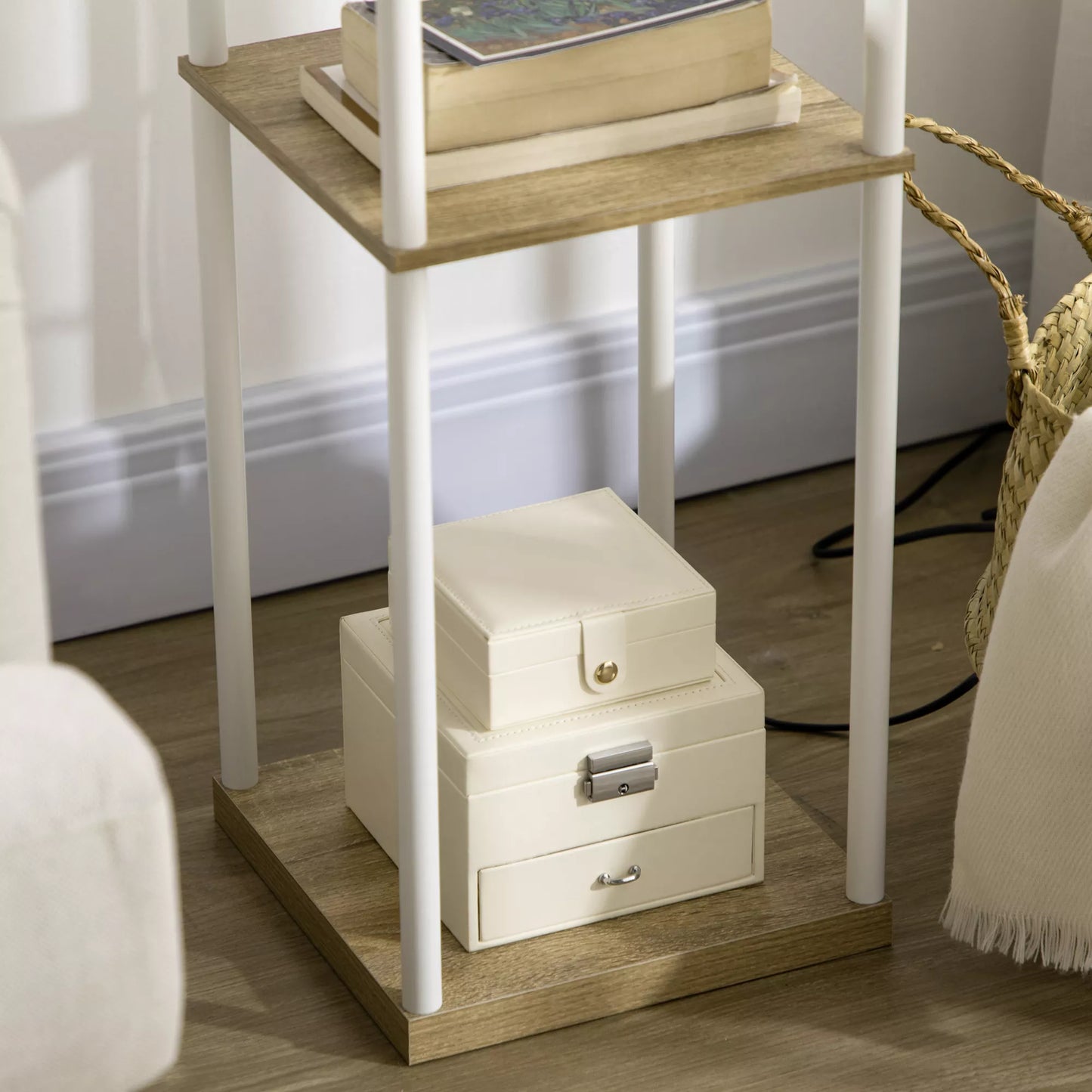 Stovas, lubų šviestuvas, su lentynomis, metalinis rėmas, audinio gaubtas, 26x26x159 cm, baltas/rudas