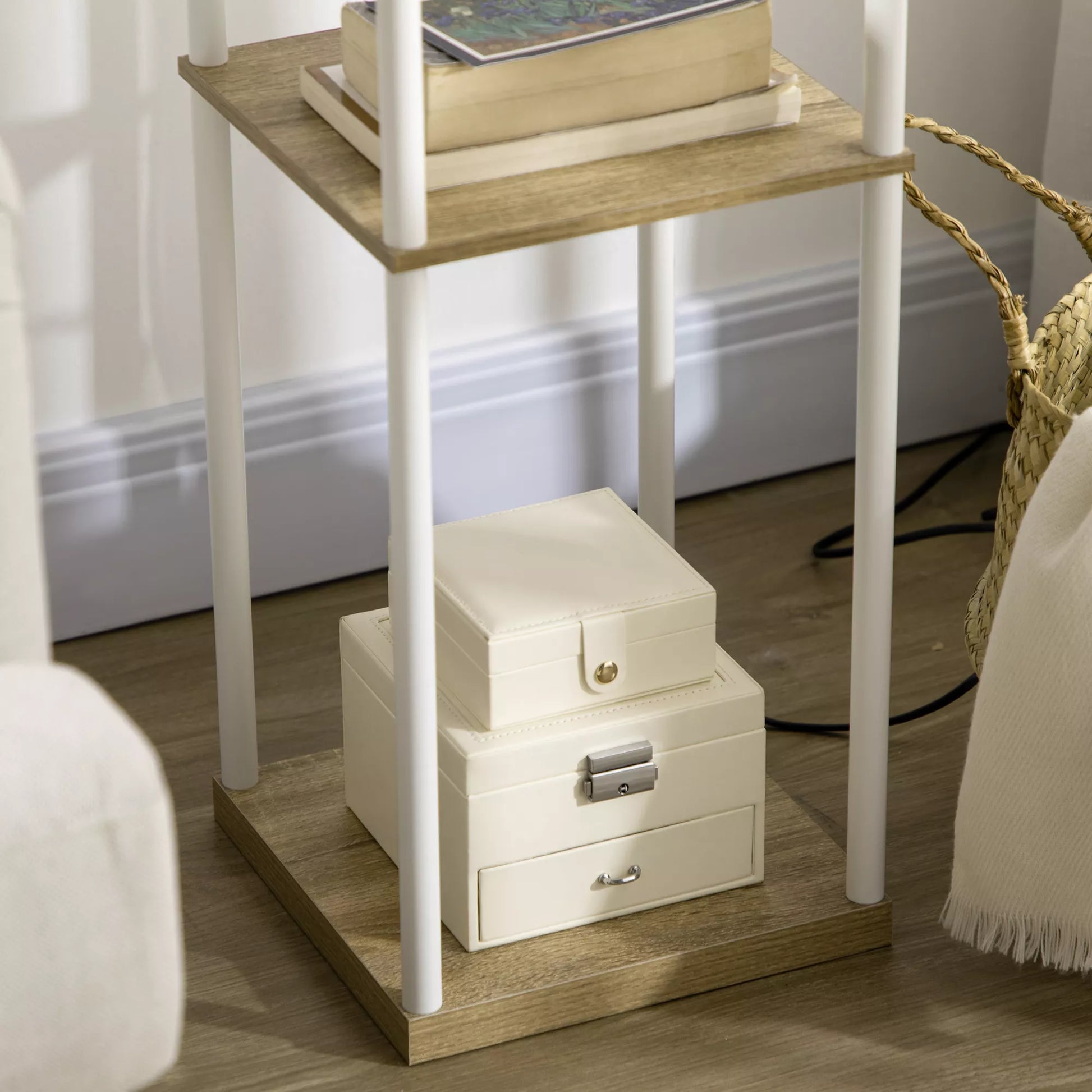 Stovas, lubų šviestuvas, su lentynomis, metalinis rėmas, audinio gaubtas, 26x26x159 cm, baltas/rudas