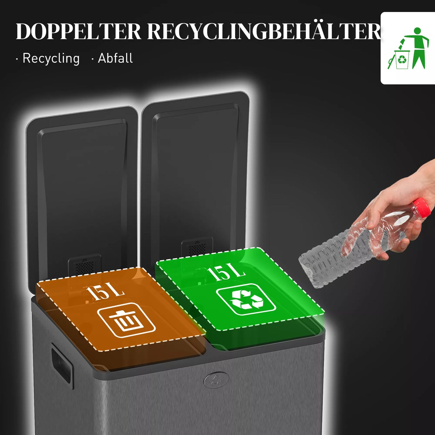 2 x 15 L dviguba šiukšliadėžė, su pedalu, lengva valyti, nerūdijantis plienas, plastikas, juoda