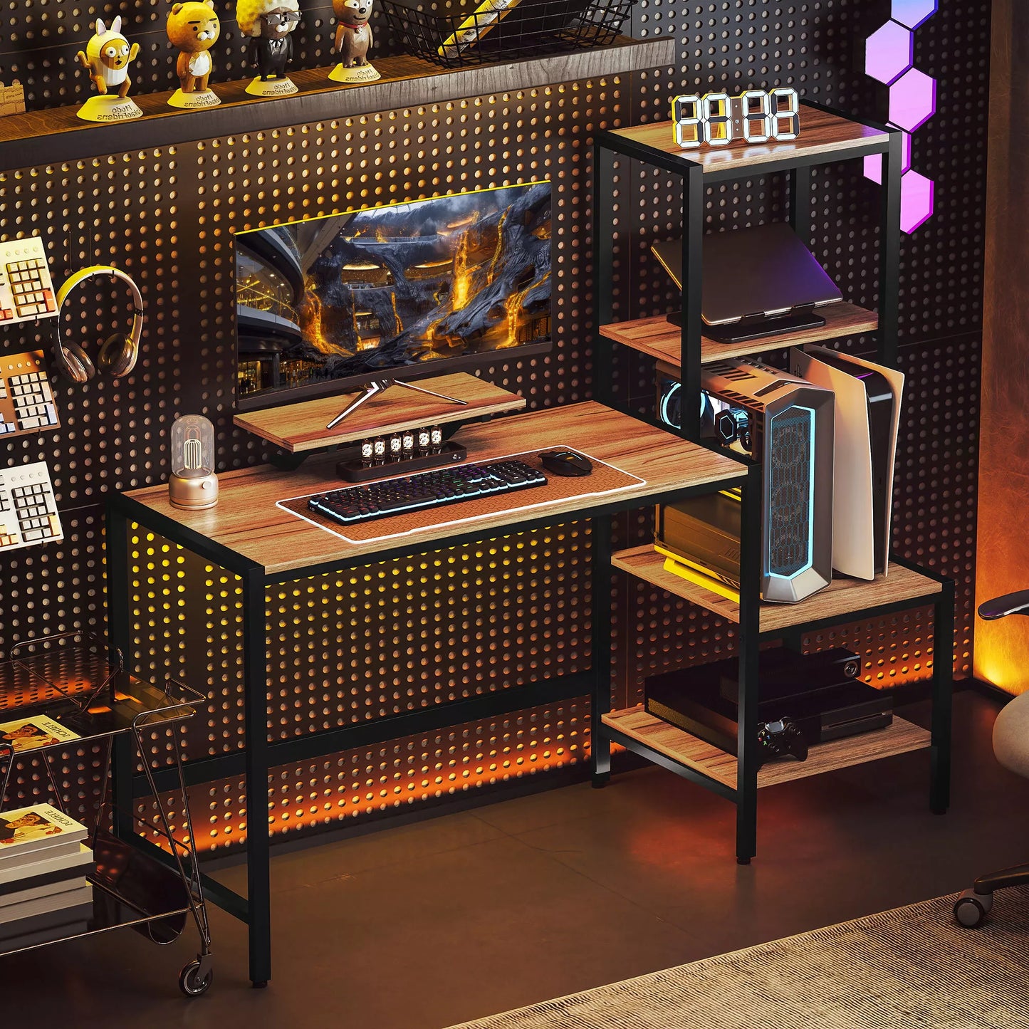 Kompiuterio stalas su monitoriaus laikikliu, rašomasis stalas su 4 pakopų lentyna, pramoninio dizaino, rudas