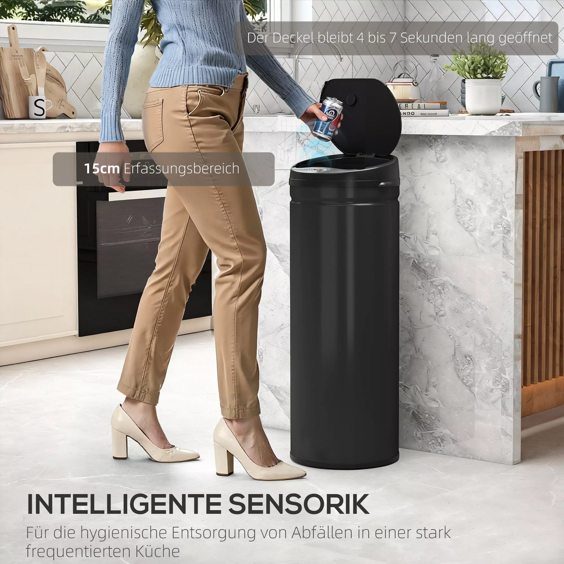 50 litrų sensorinė šiukšliadėžė su švelnaus uždarymo funkcija, bejutiminė šiukšliadėžė iš nerūdijančio plieno higienai virtuvėje