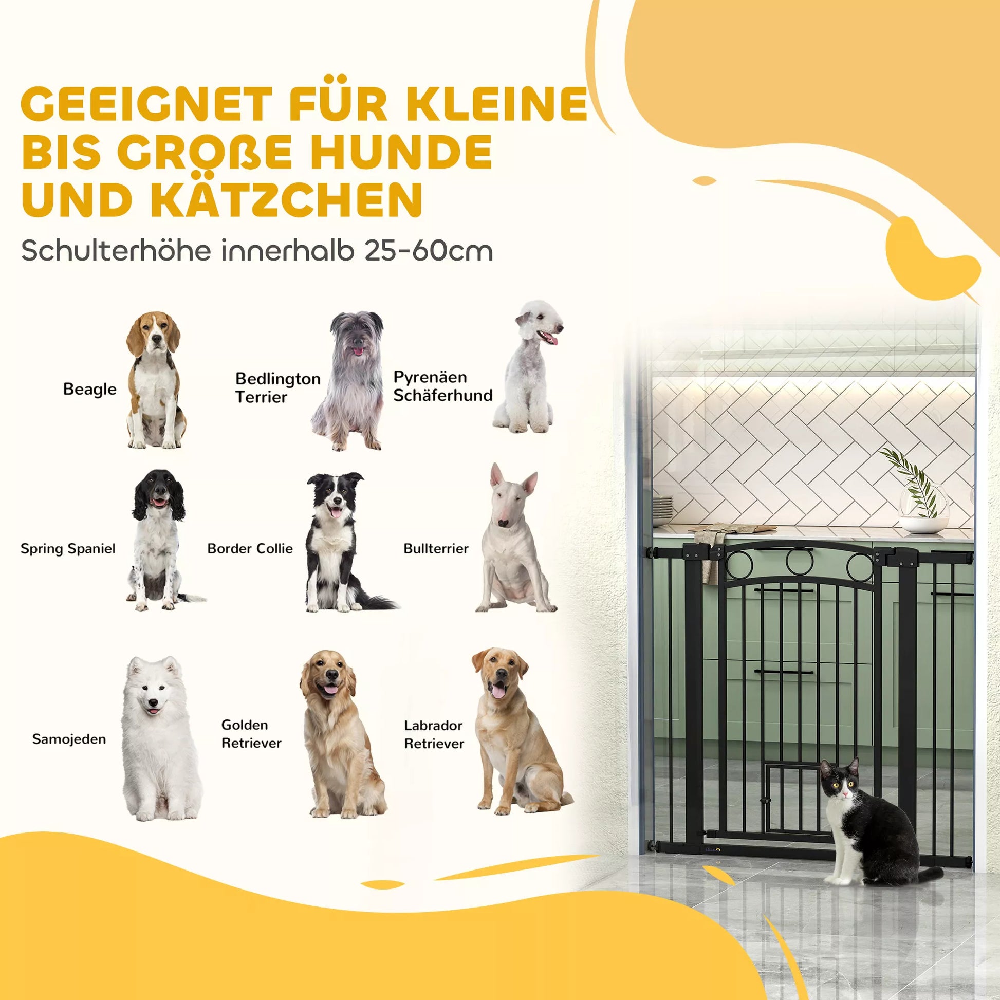 Naminių gyvūnų varteliai, 96 cm laiptų užtvaros, reguliuojamas plotis 76–104 cm, su katės durelėmis, skirtos laiptams ir durų angoms, juodos spalvos