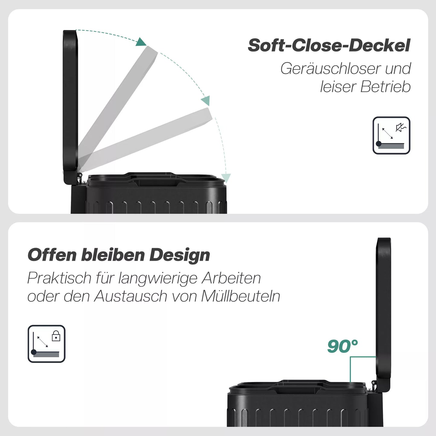 Virtuvės šiukšliadėžė, 2 x 20 l skyriai, efektyvus atliekų rūšiavimas, pėdos pedalas, plastikas, metalas, juoda spalva