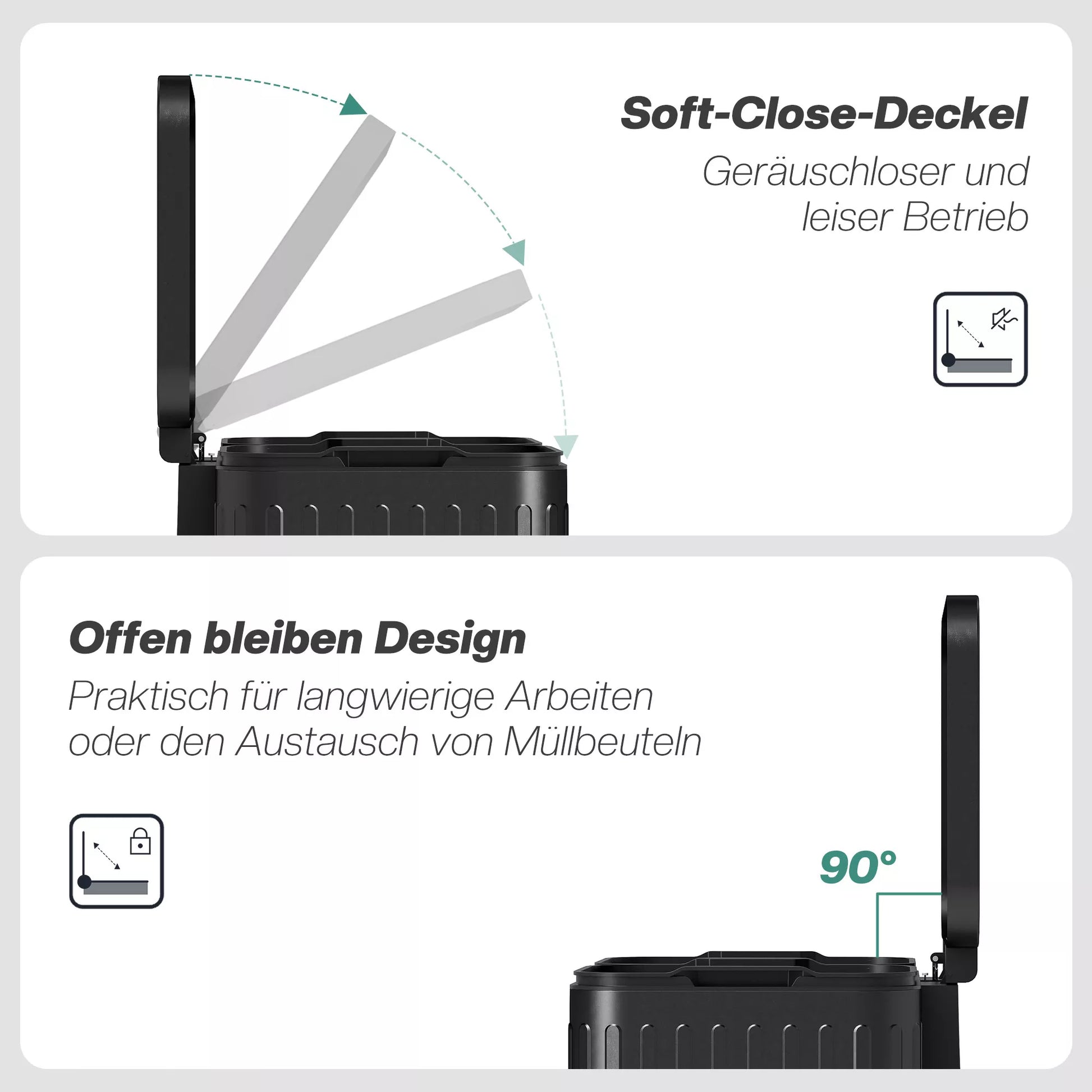 Virtuvės šiukšliadėžė, 2 x 20 l skyriai, efektyvus atliekų rūšiavimas, pėdos pedalas, plastikas, metalas, juoda spalva