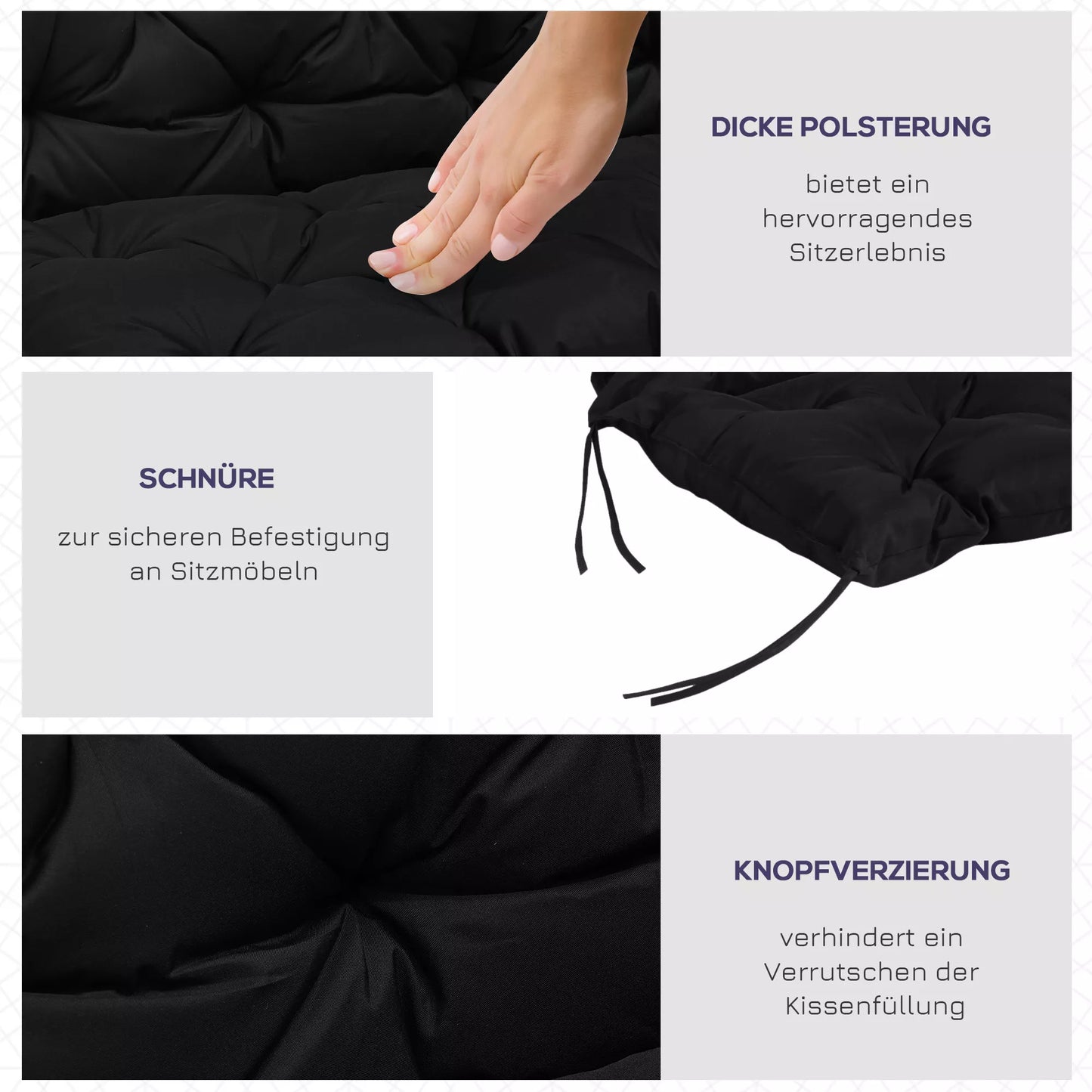 3 vietų suoliuko užvalkalas 100x98x8 cm, pagalvė su raišteliais, suoliuko čiužinys sodo baldams, sūpynėms, juodas