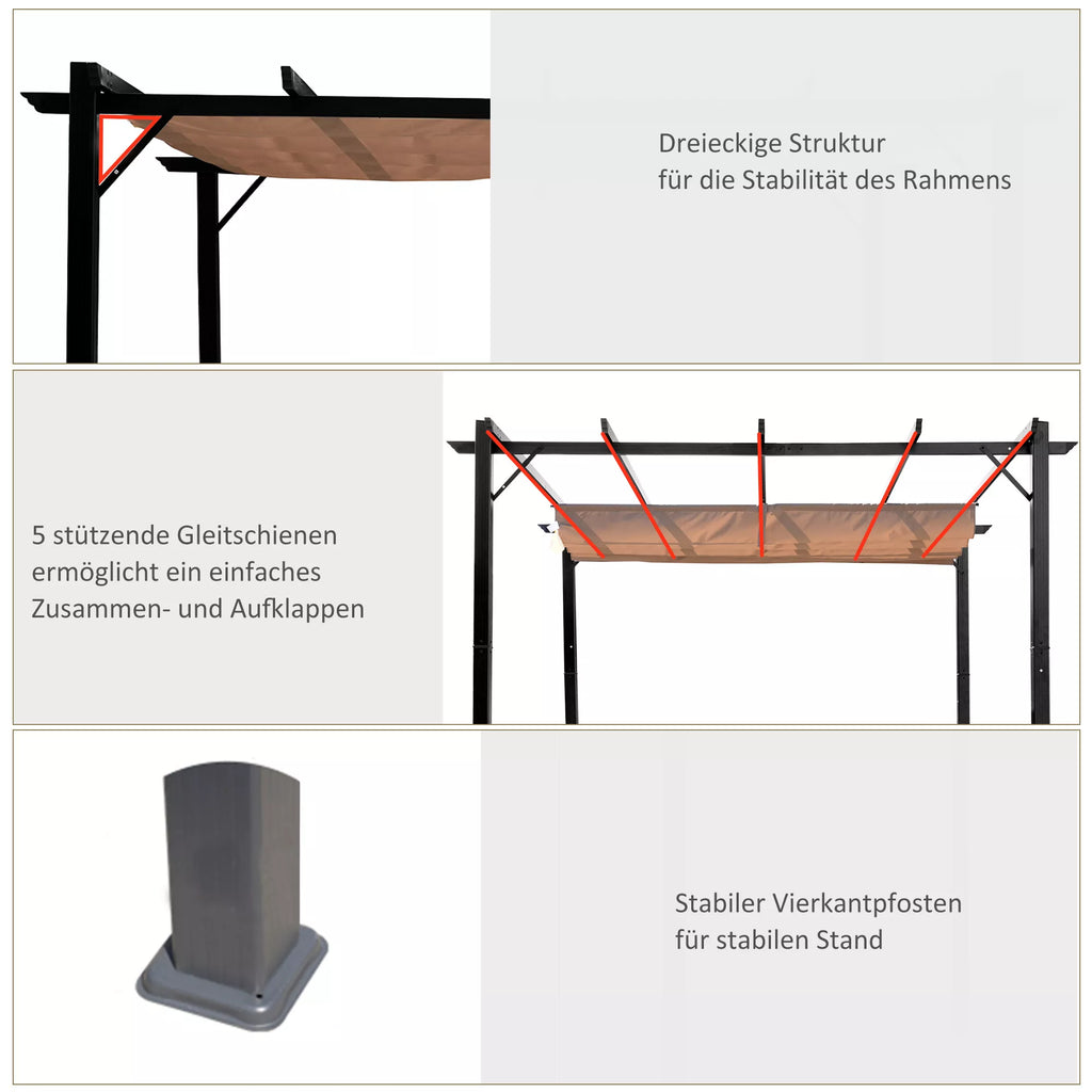Pergola paviljonas su reguliuojamu audiniu stogu 3 x 4 m Terasos stogelis Aliuminio saulės apsauga Stogas Terasa Sodas Pilka+Ruda
