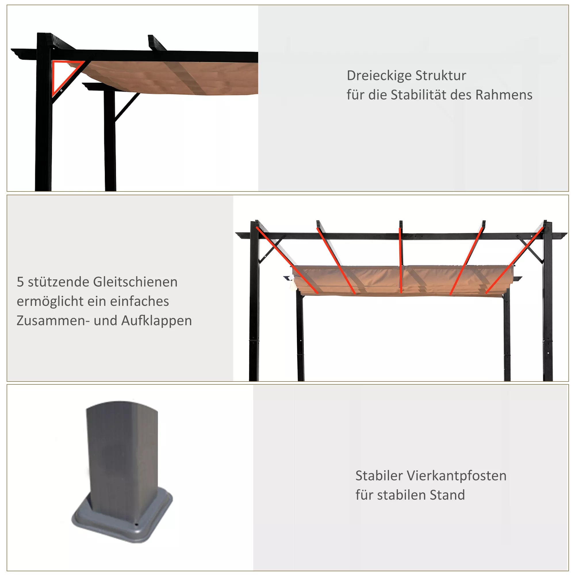 Pergola paviljonas su reguliuojamu audiniu stogu 3 x 4 m Terasos stogelis Aliuminio saulės apsauga Stogas Terasa Sodas Pilka+Ruda