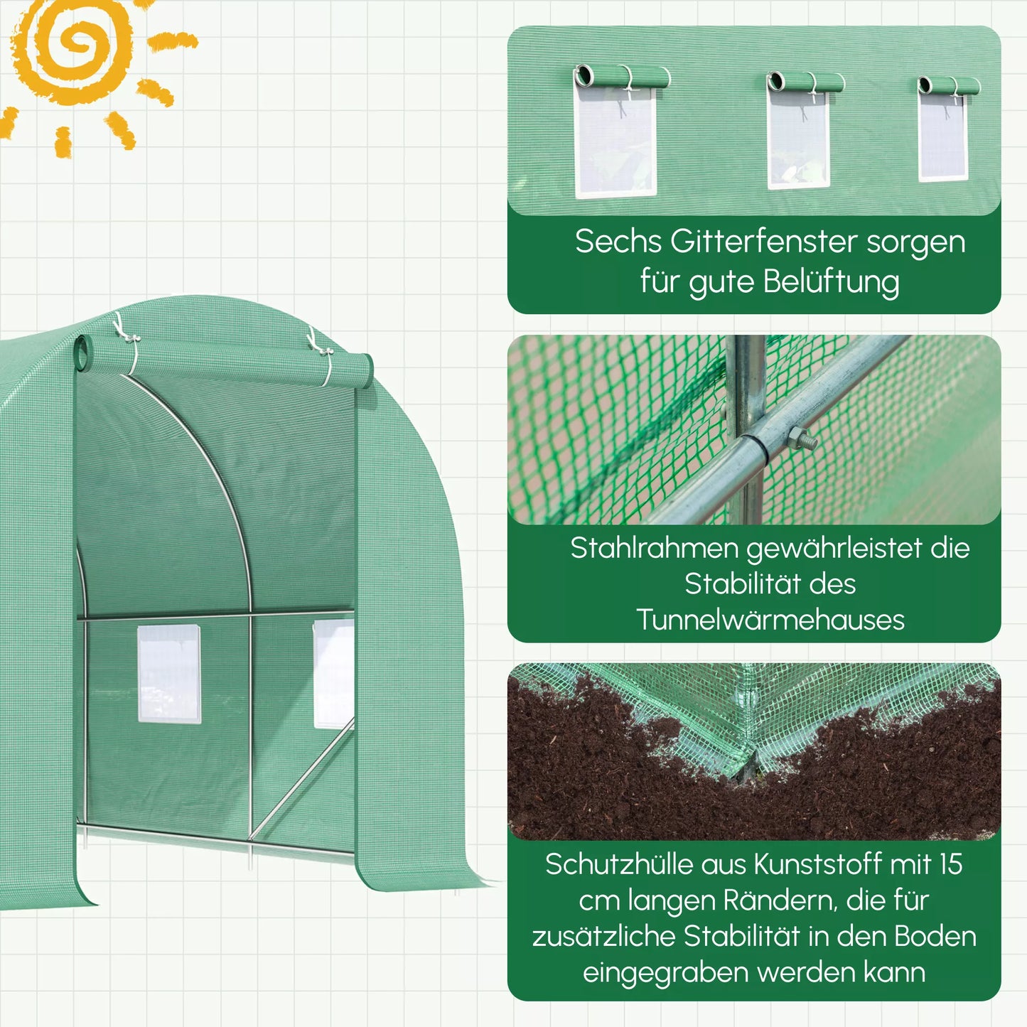 Šiltnamis 445x190x200cm Folijos šiltnamis Pomidorų namelis su durimis ir tinkleliu nuo uodų, langais, folijos tunelis iš cinkuoto plieno, tvirtas augalų tunelis, šiltnamis su įžeminimo inkarais ir virvėmis, žalias