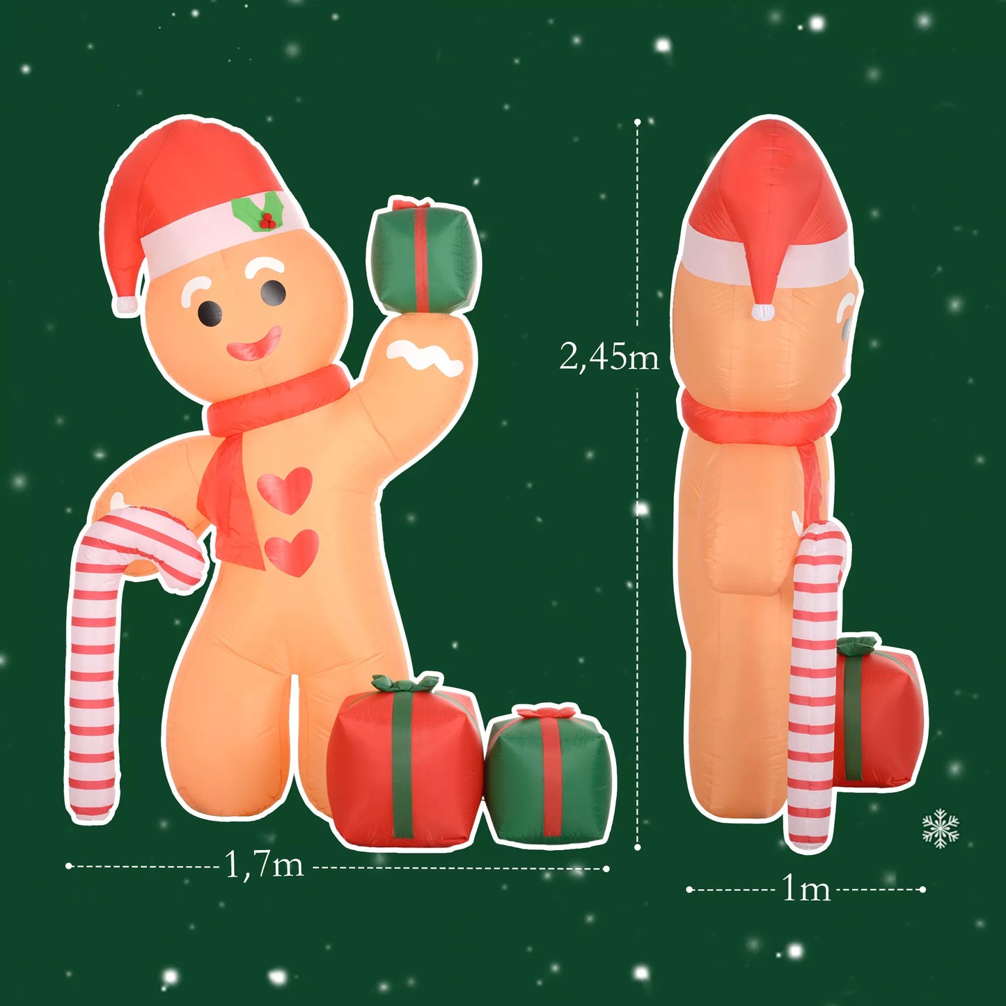 Outsunny Pripučiamas meduolių žmogeliukas su pagaliuku, 2,45 m aukščio, su baltu LED apšvietimu, 170 x 100 x 245 cm