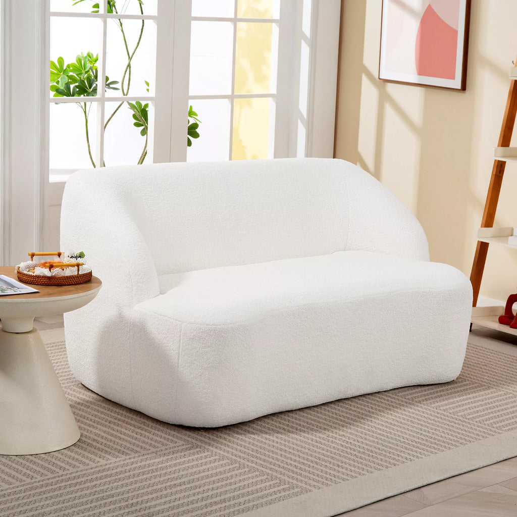Dvivietė sofa, išlenkta forma, minkšta sofa su fliso apmušalu, skirta svetainei, miegamajam, namų biurui, kreminės baltos spalvos