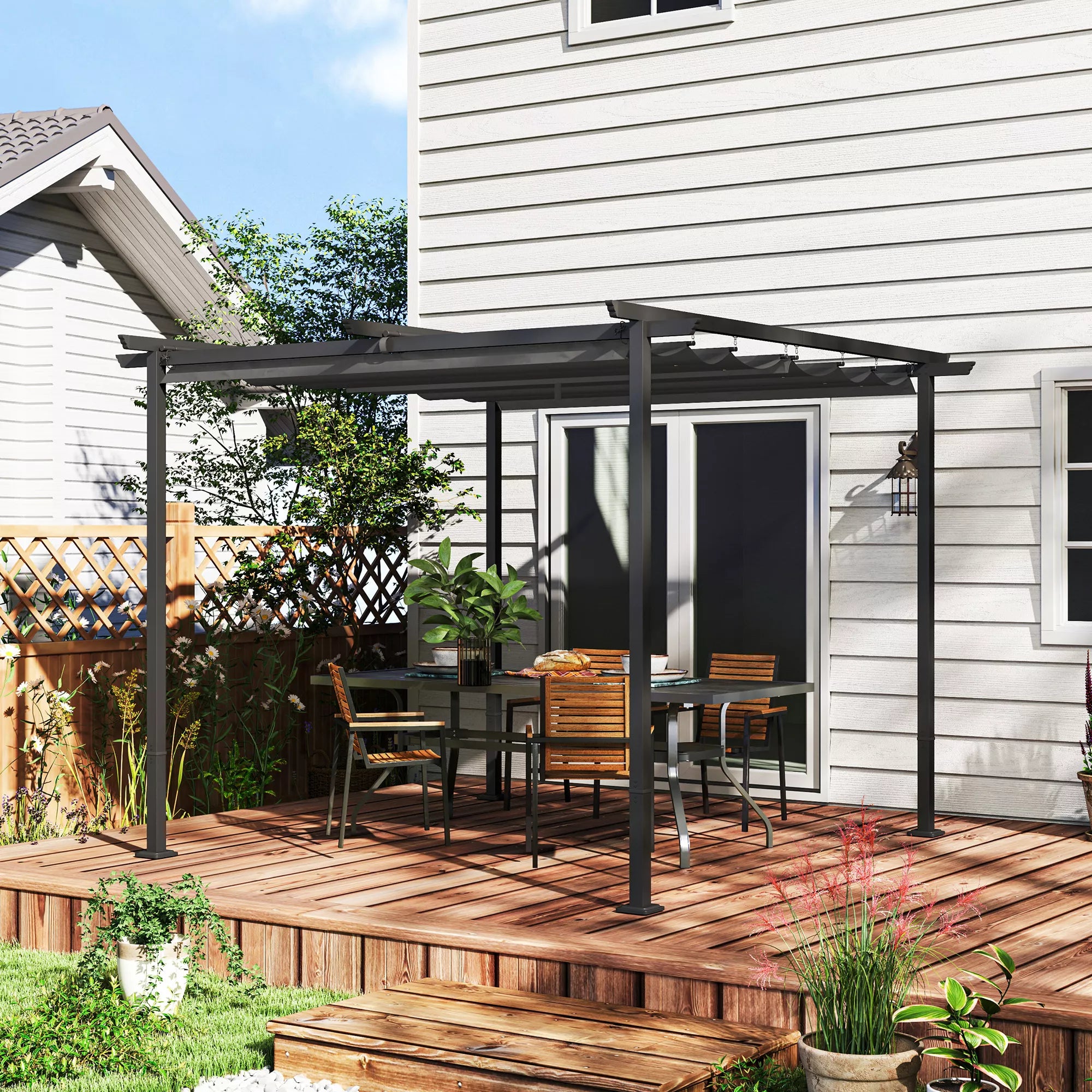 3 x 3 m sodo pergola su reguliuojamu stogu, metaliniu rėmu, UPF30+ apsauga, saulės stogu verandoje, terasoje, tamsiai pilka