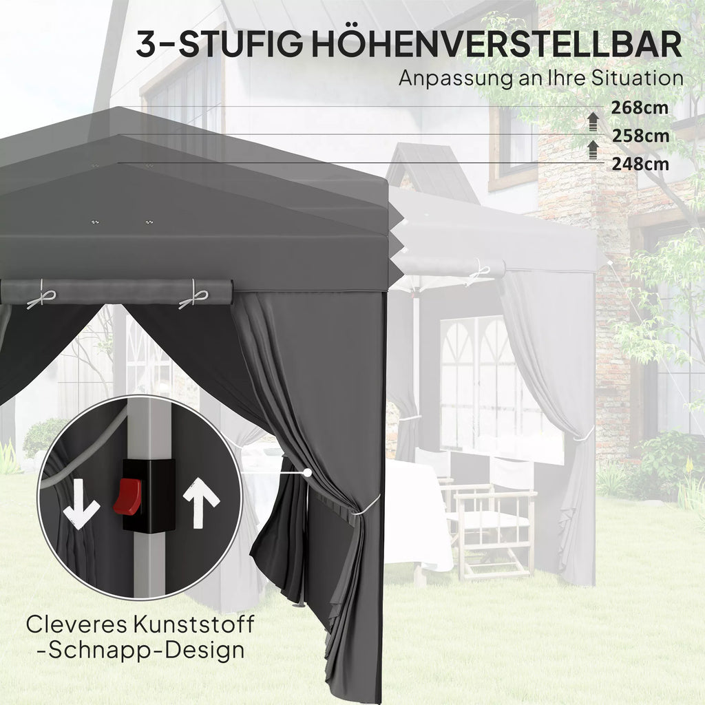 2,5 x 2,5 m Pop-up paviljonas su šoninemis sienelėmis ir transportavimo krepšiu, UPF50+ aukščio reguliavimo sodo palapinė, tamsiai pilka