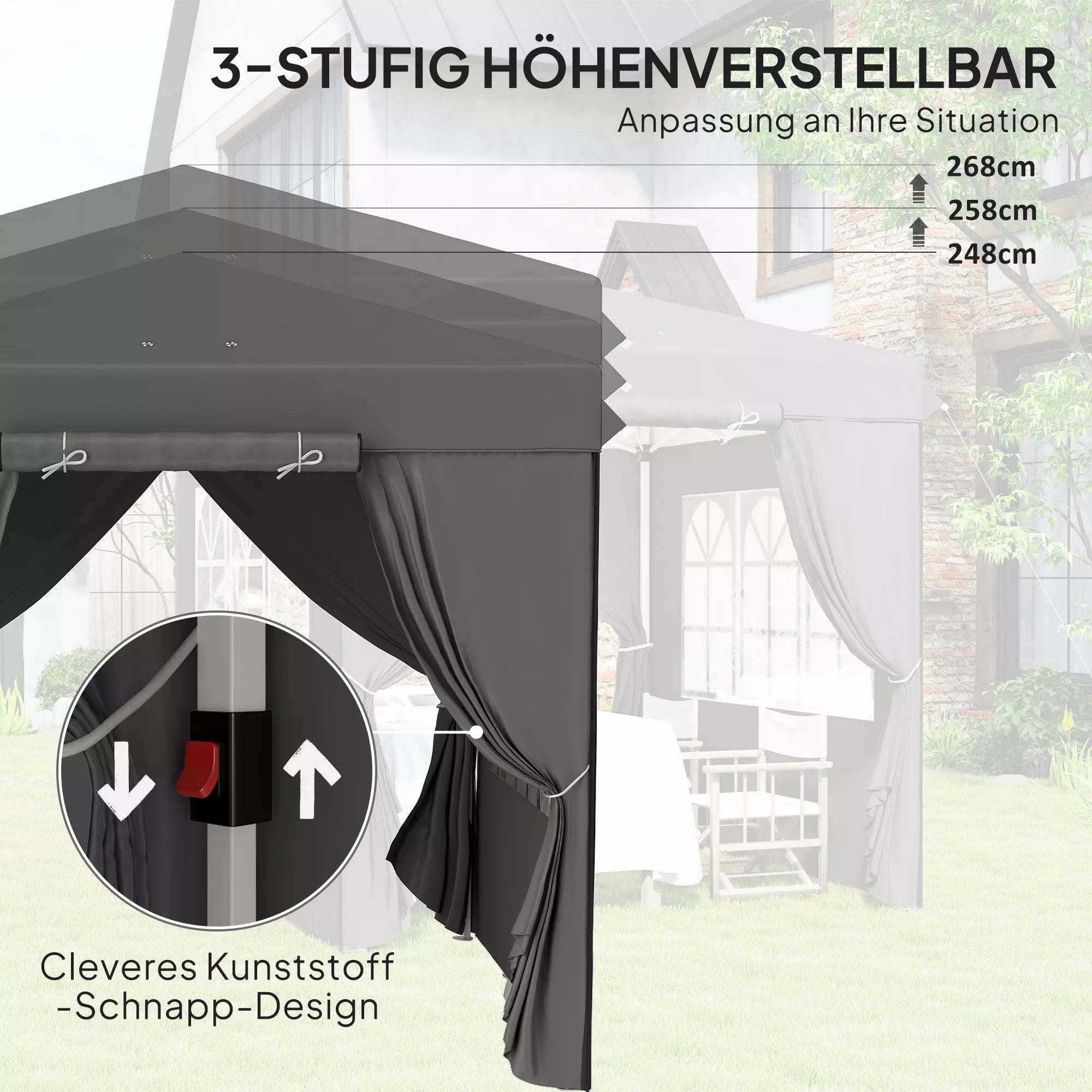 2,5 x 2,5 m Pop-up paviljonas su šoninemis sienelėmis ir transportavimo krepšiu, UPF50+ aukščio reguliavimo sodo palapinė, tamsiai pilka