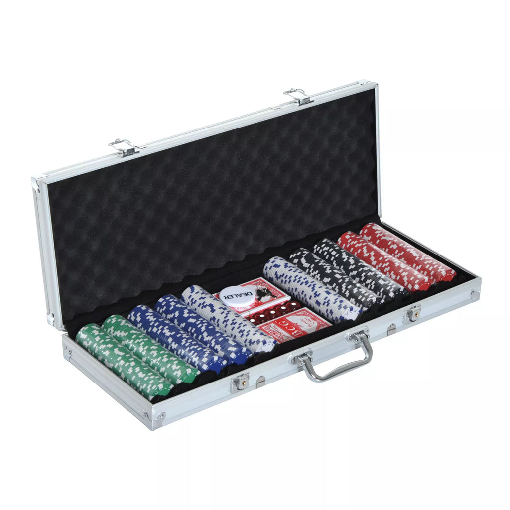 Atvertas aliuminio pokerio lagaminas su žetonais, kortomis ir kauliukais