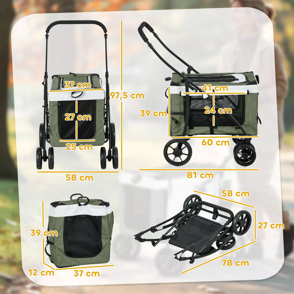 Vežimėlis augintiniams, sulankstomas, su išimamu krepšiu, iki 15 kg, tamsiai žalias