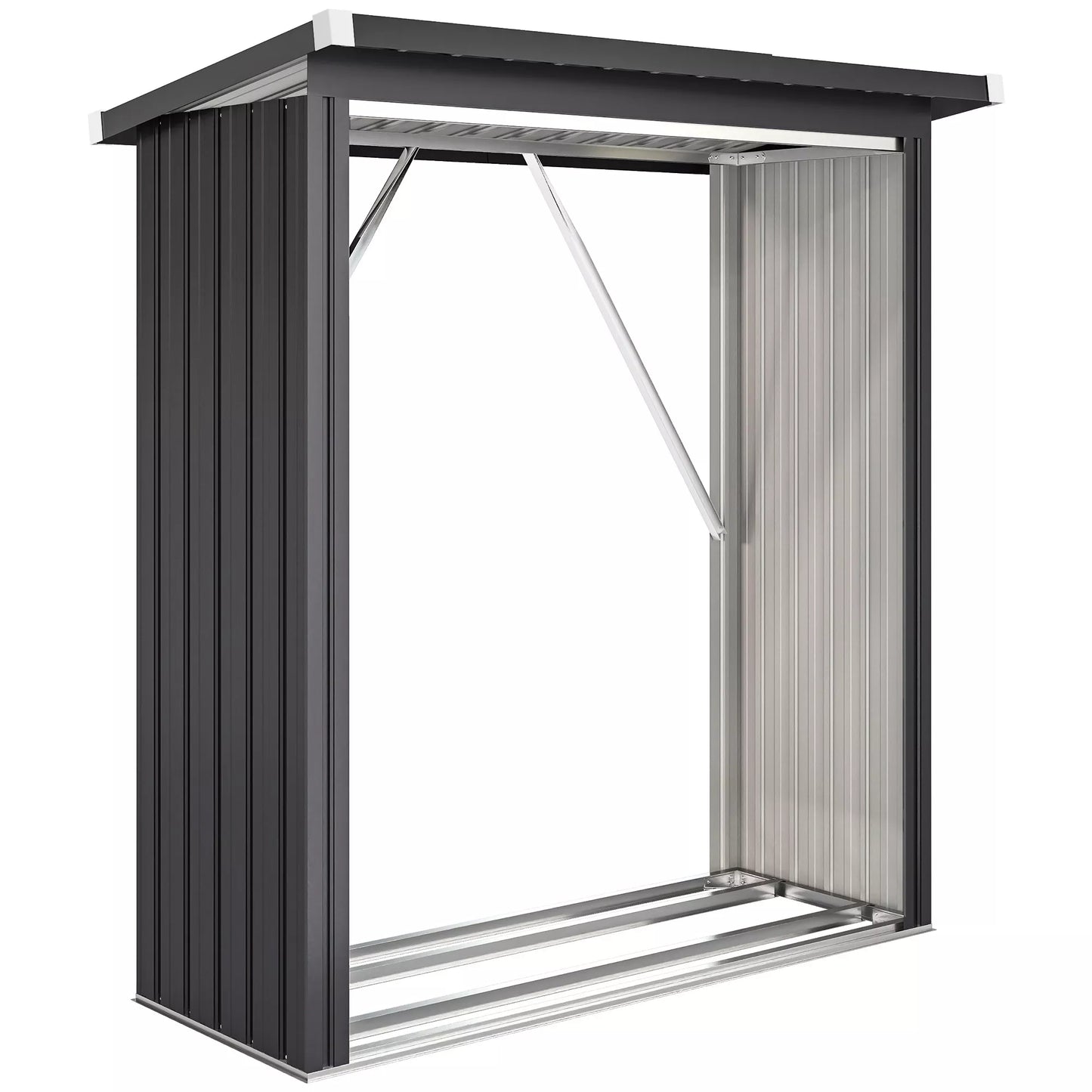 Malkinė, malkų stoginė, plienas, paaukštintos grindys, šlaitinis stogas, 150 x 66,5 x 150 cm, tamsiai pilka