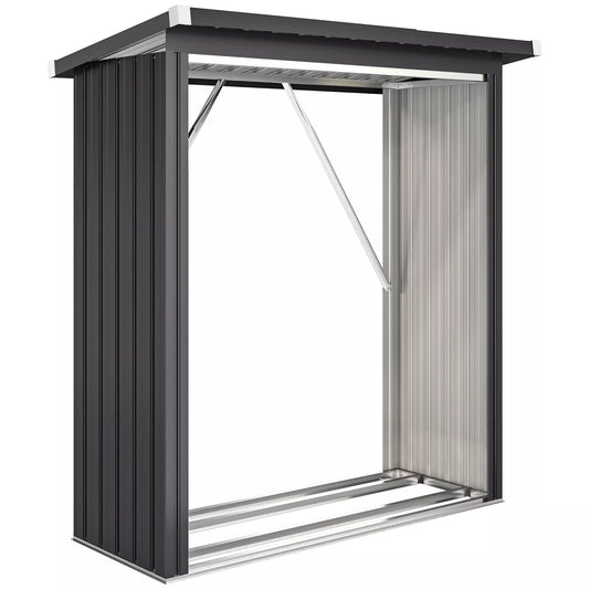 Malkinė, malkų stoginė, plienas, paaukštintos grindys, šlaitinis stogas, 150 x 66,5 x 150 cm, tamsiai pilka