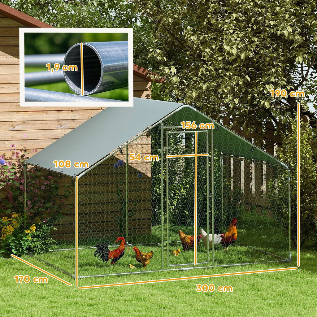 Vištidė 5–8 vištoms, stogo danga, užrakinamos durys, plieninis rėmas, 5,1 m², 3 x 1,7 x 1,9 m