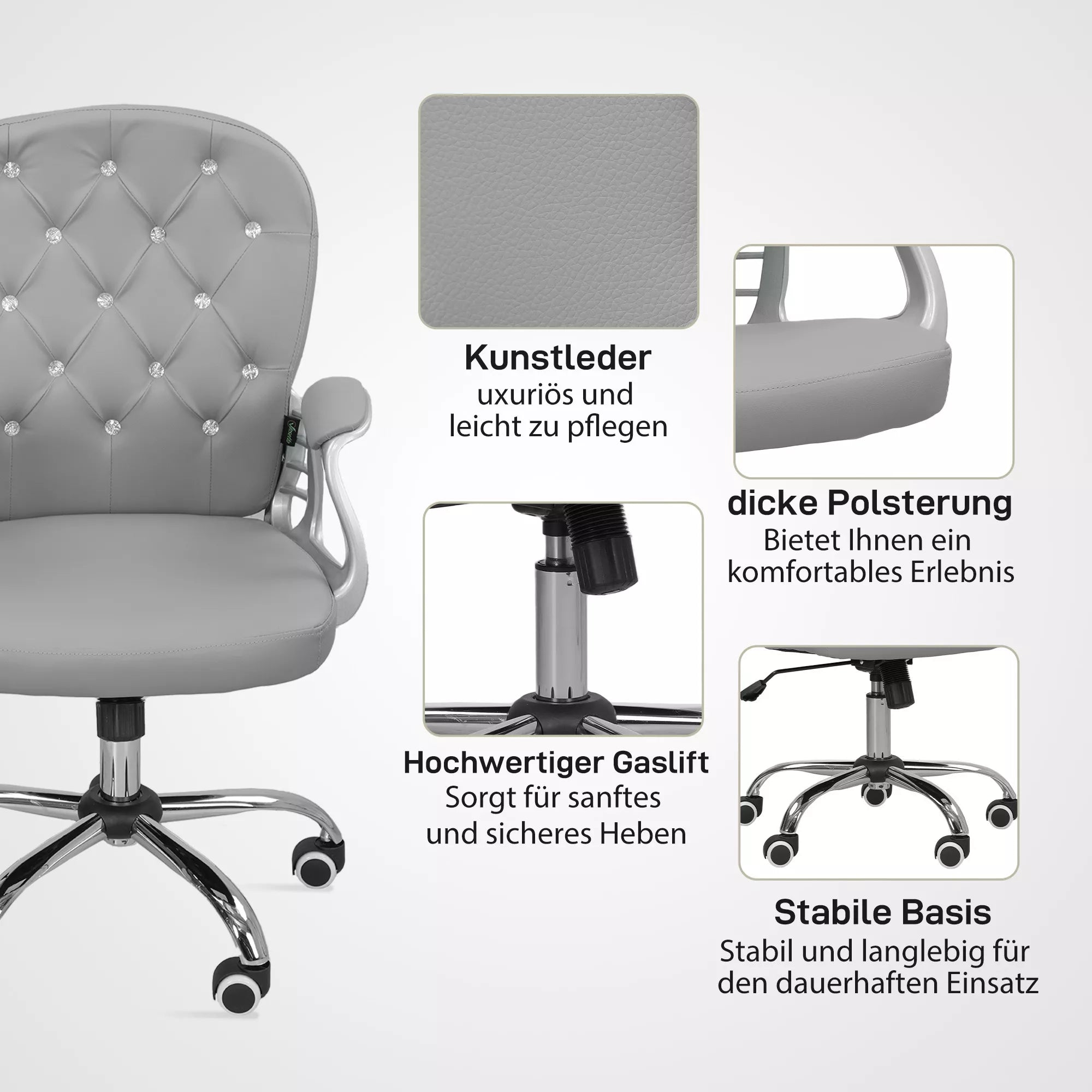 Biuro kėdė, ergonomiška darbo kėdė su porankiais, paminkštinta nugaros atrama, šviesiai pilka