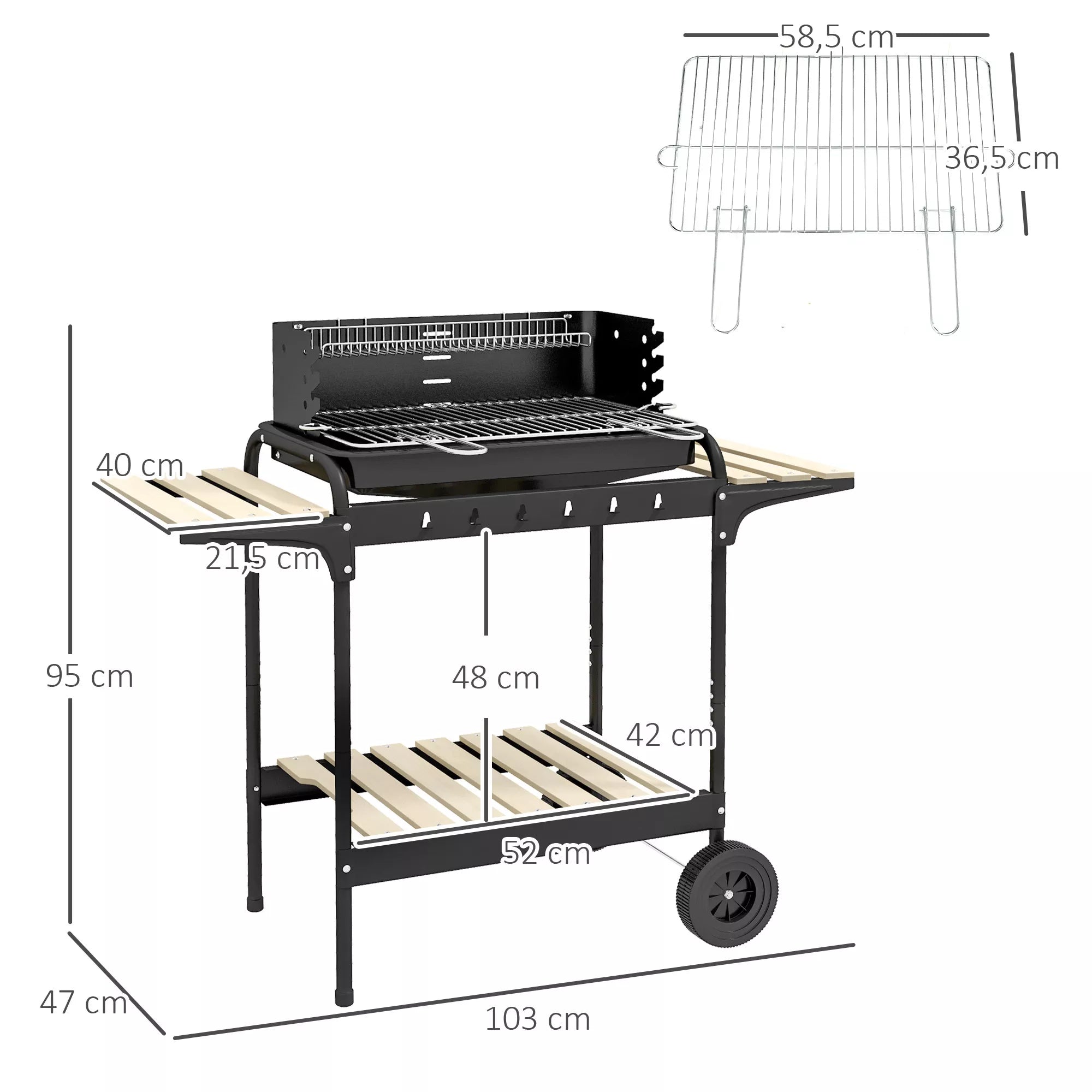 Metalinis anglies grilis BBQ Smoker su ratukais, aukščio reguliuojamas grotelių aukštis, medienos dėklas 103x47x95 cm Juodas
