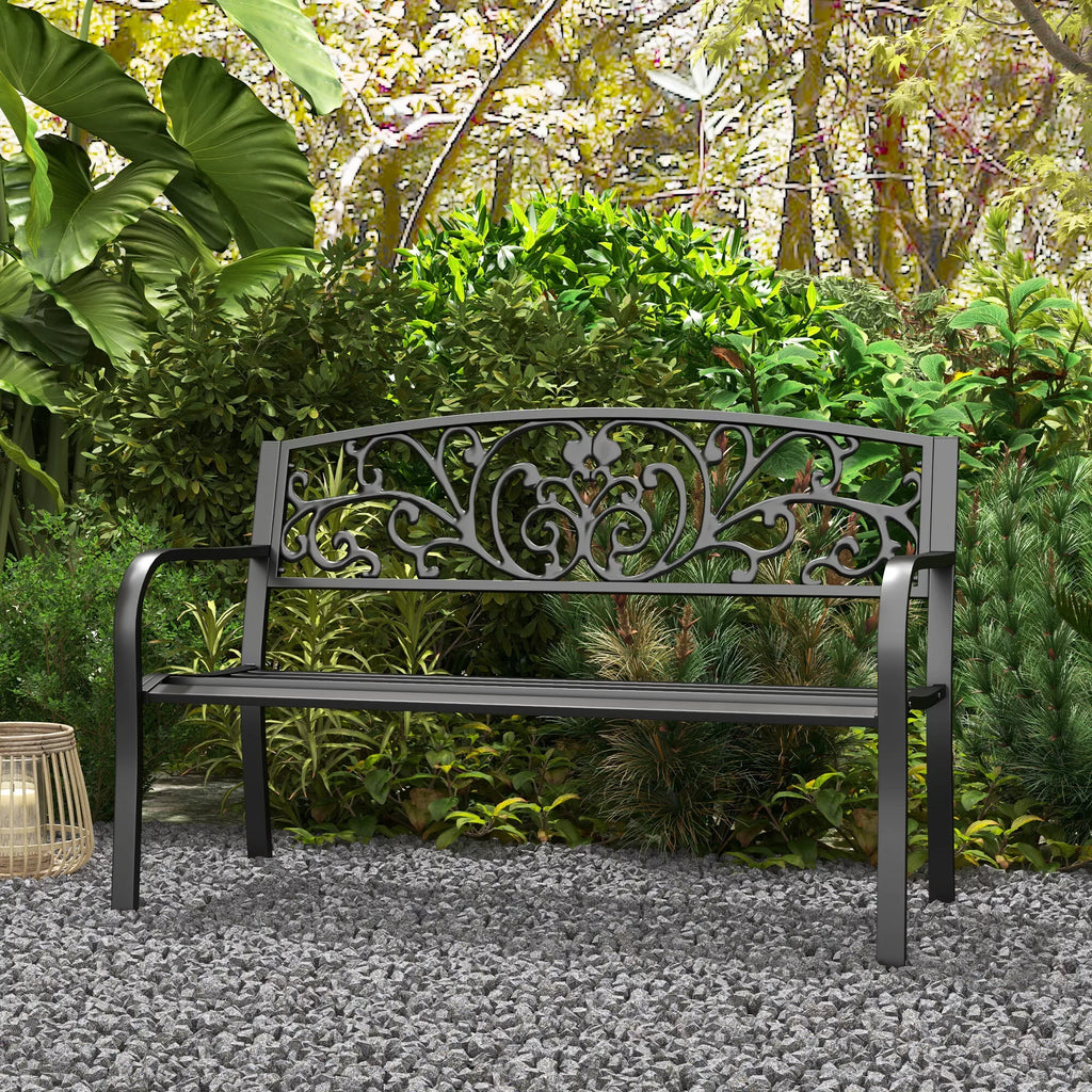 Metalinė sodo suolelė, gėlių dizainas, 2 vietų, 240 kg apkrova, plienas, 127L x 60B x 87H cm, juoda